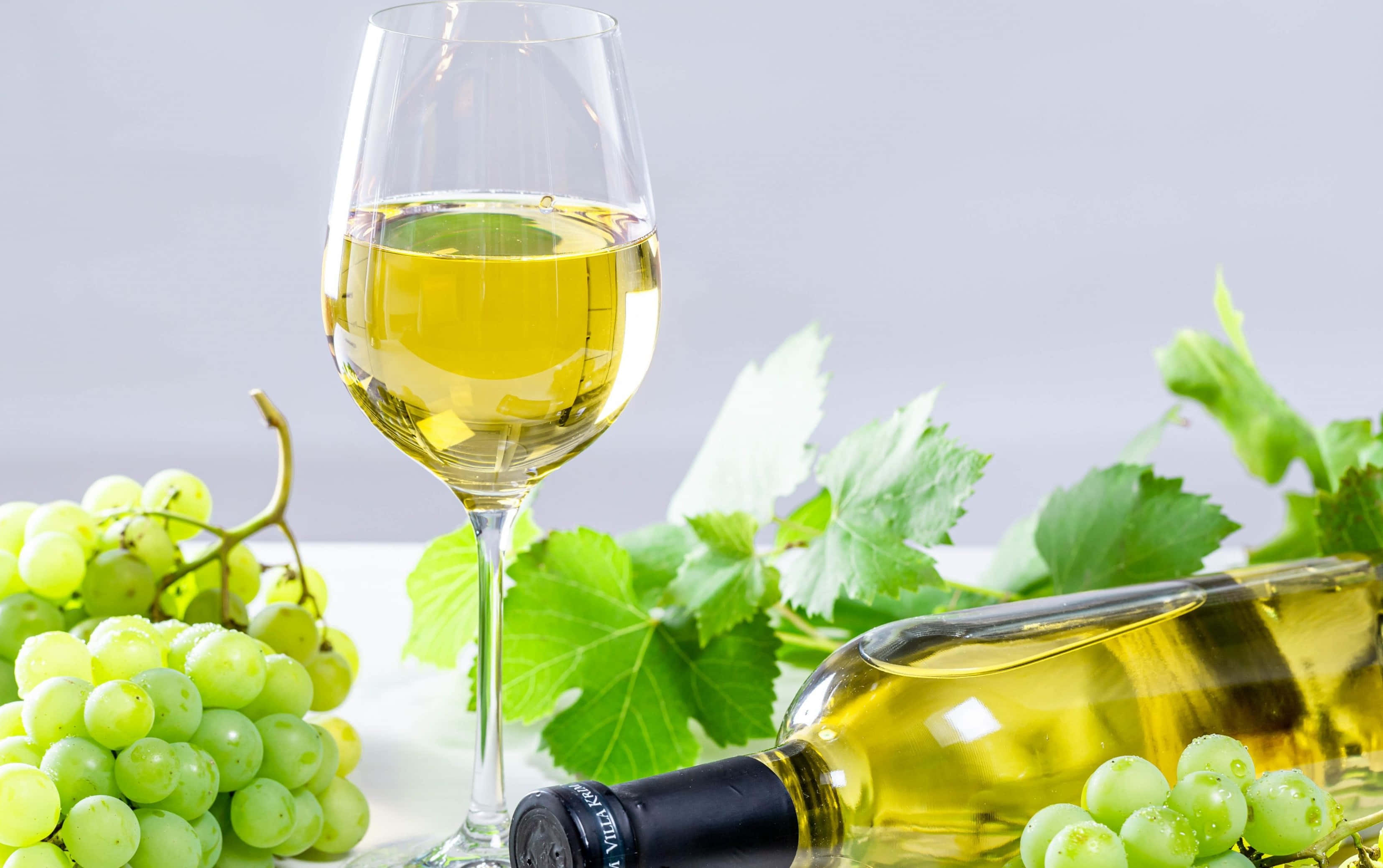 White Wine 桌布 壁紙 — 一個玻璃瓶和裝滿酒的酒杯，周圍有青提子和葉子，放在潔白的表面上。