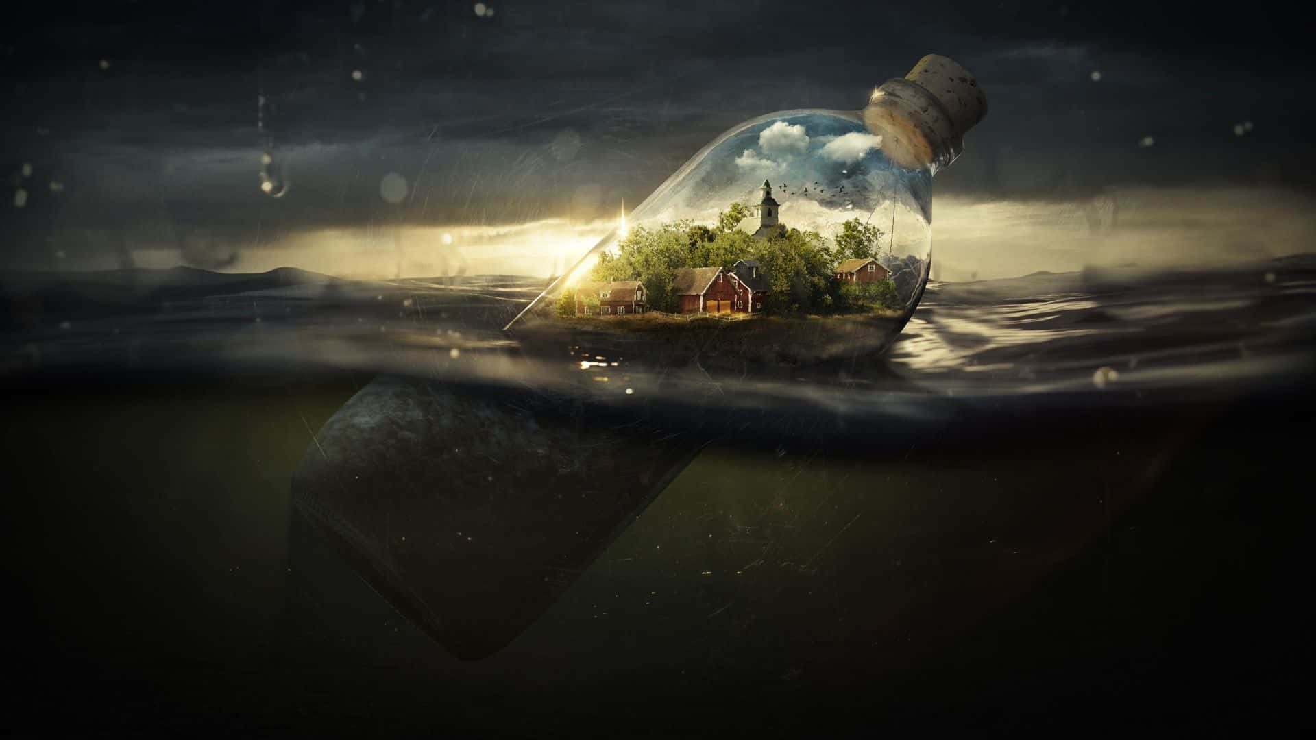 Dark Surrealism 桌布 壁紙 — 一個玻璃瓶在黑暗的水中漂浮，裡面有一個在暴風雨天空下發光的微型村莊。