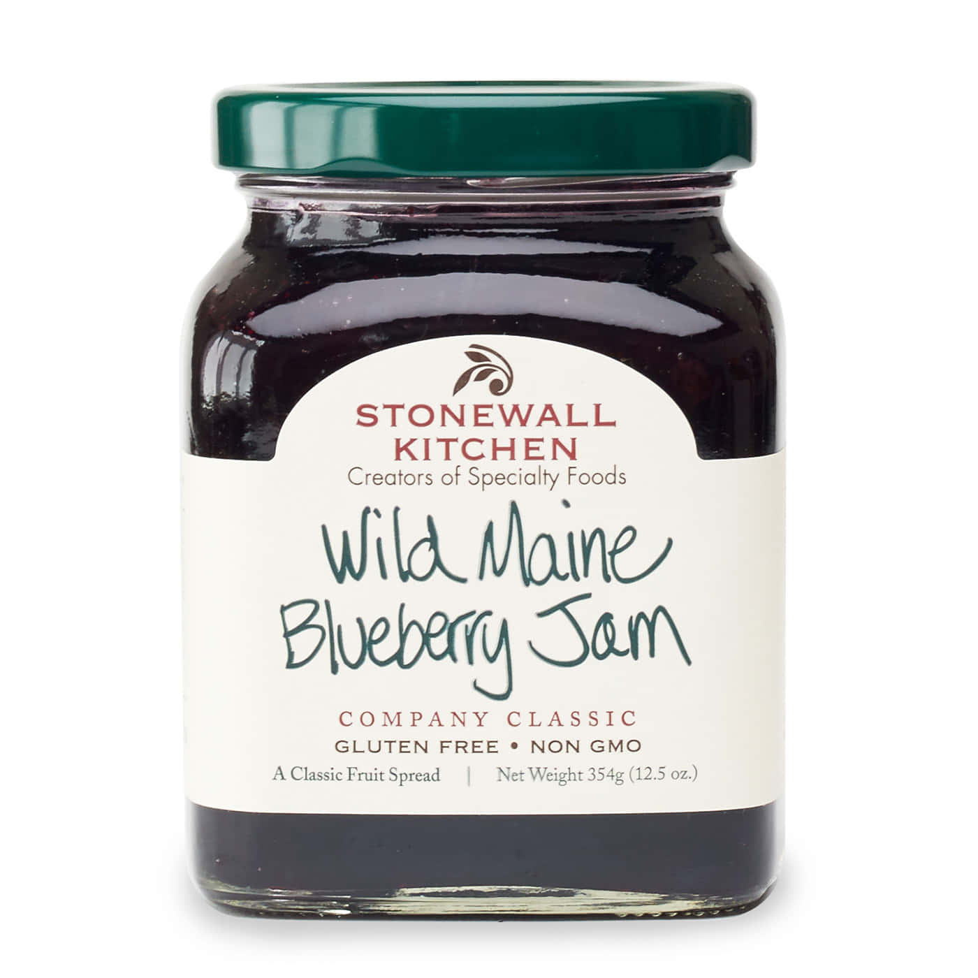 Blueberry Jam 桌布 壁紙 — 一個玻璃罐，裝有深紫色野生藍莓果醬，帶綠色蓋子和奶油色標籤，背景為白色。