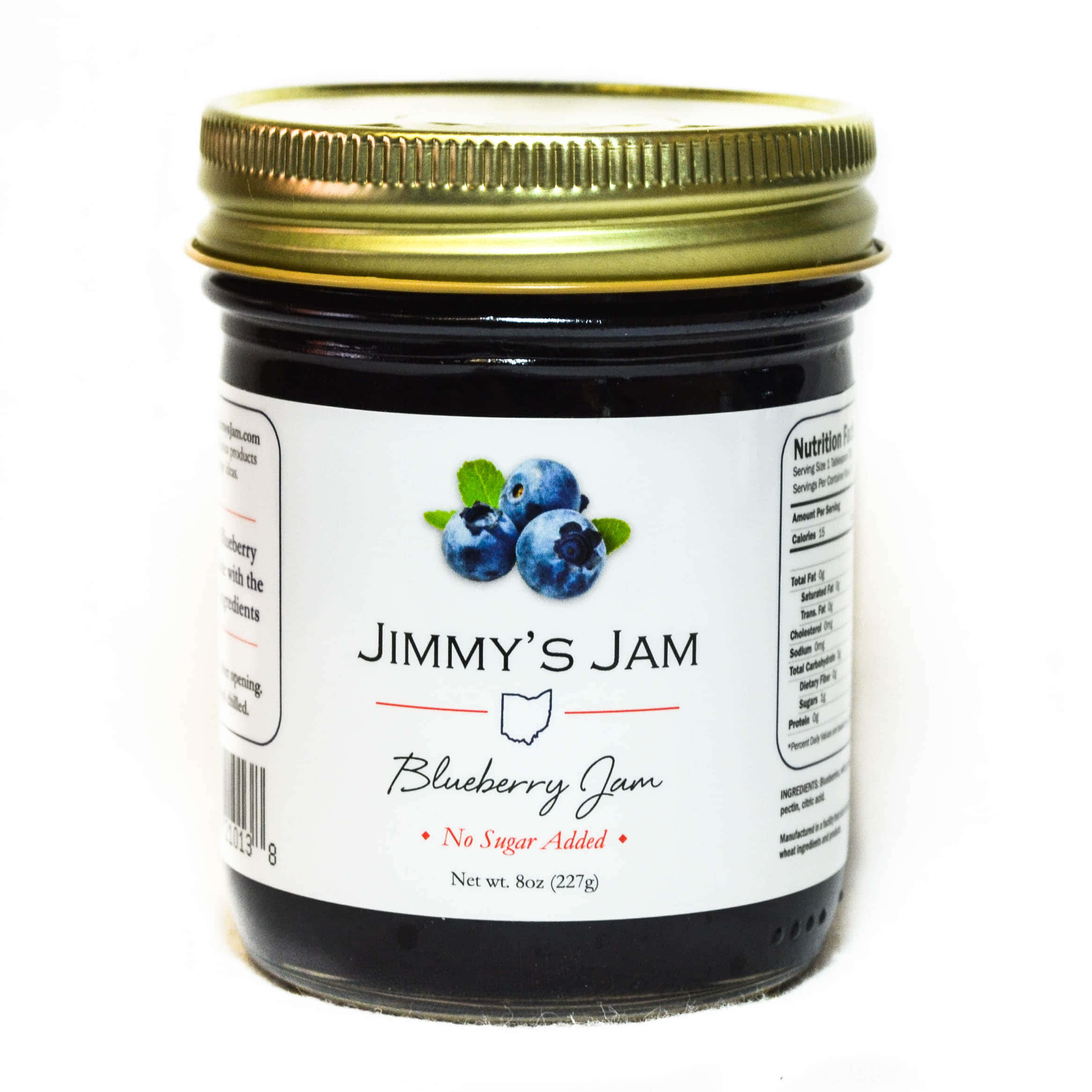 Blueberry Jam 桌布 壁紙 — 一個玻璃罐裝的Jimmy's藍莓果醬，配有金色蓋子和白色標籤，上面有藍莓和俄亥俄州輪廓。