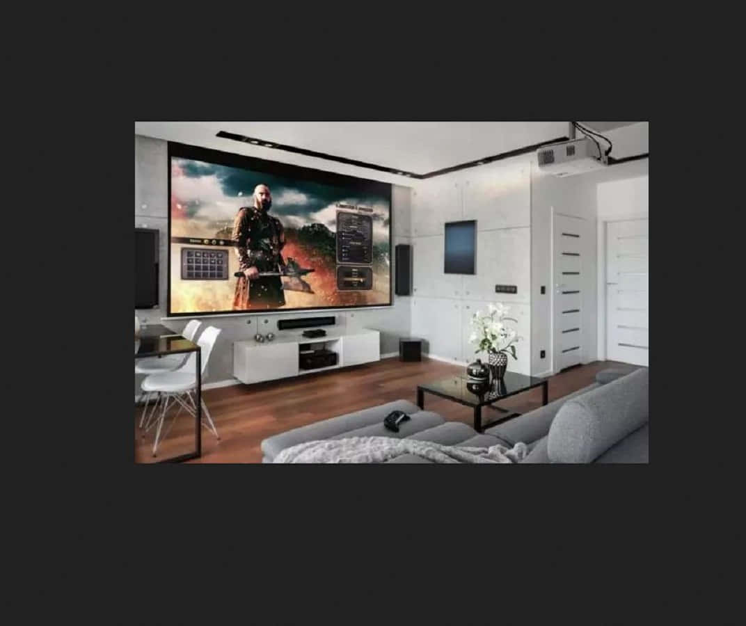 Home Entertainment 桌布 壁紙 — 一個現代客廳，配有大屏幕，顯示一個奇幻遊戲角色在戲劇性場景中。