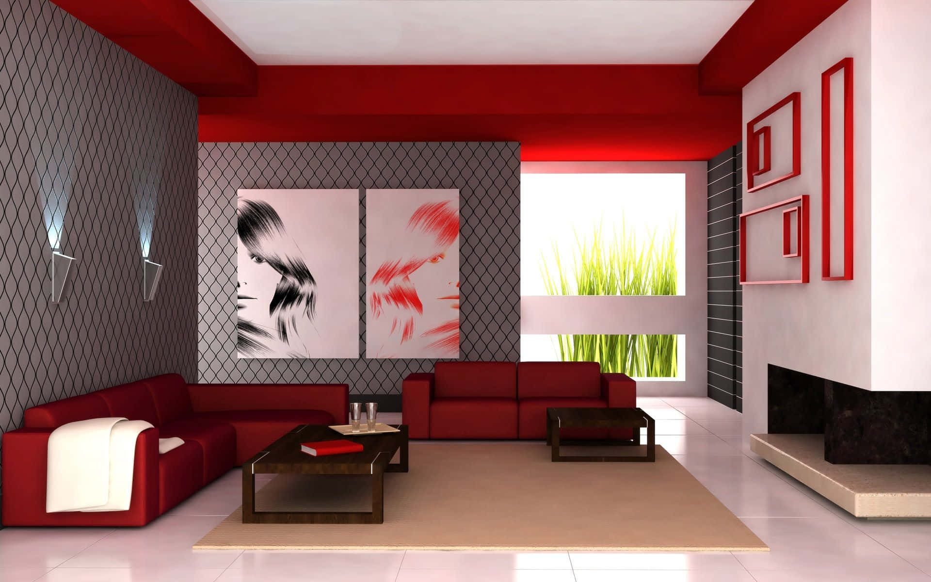Interior Design 桌布 壁紙 — 一個現代客廳，配有鮮紅色沙發和幾何牆壁，由時尚的壁燈照亮。