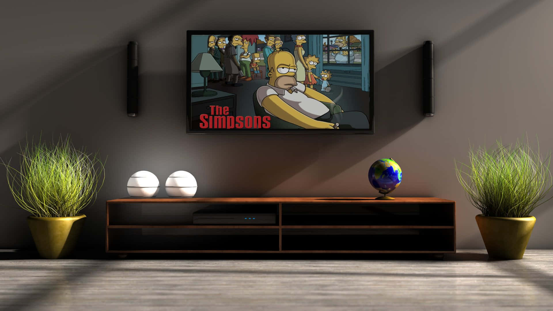 tv 桌布 壁紙 — 一個現代客廳，電視在深色牆壁上顯示阿森一族卡通角色，兩側有高大的盆栽植物。