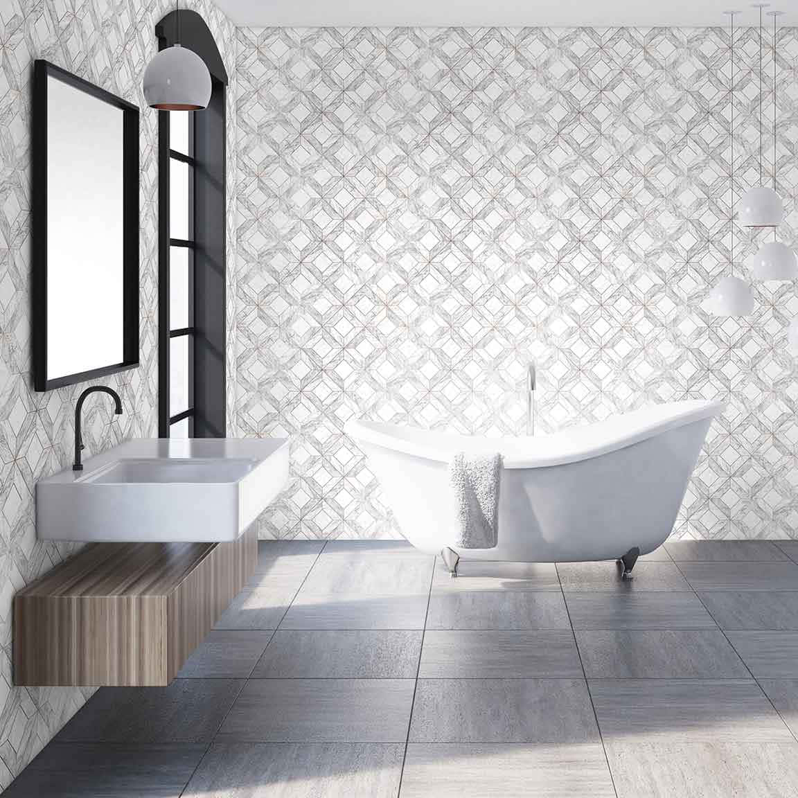 Interior Design 桌布 壁紙 — 一個現代浴室，配有獨立式浴缸和幾何圖案壁紙，沐浴在自然光中。