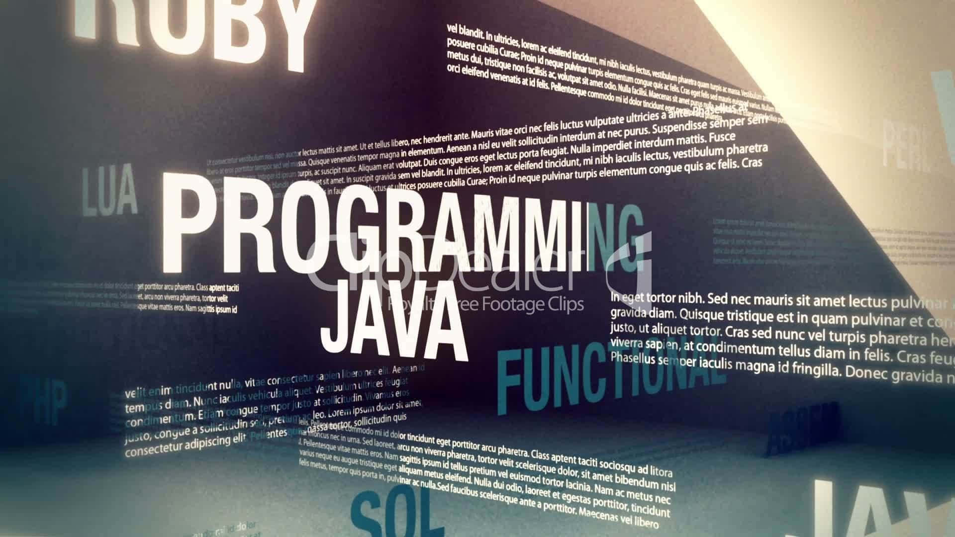 Programming 桌布 壁紙 — 一個現代牆面顯示器，在深色背景上以粗體白色文字顯示程式語言如 Ruby、Java 和 SQL，並帶有模糊的程式碼片段。