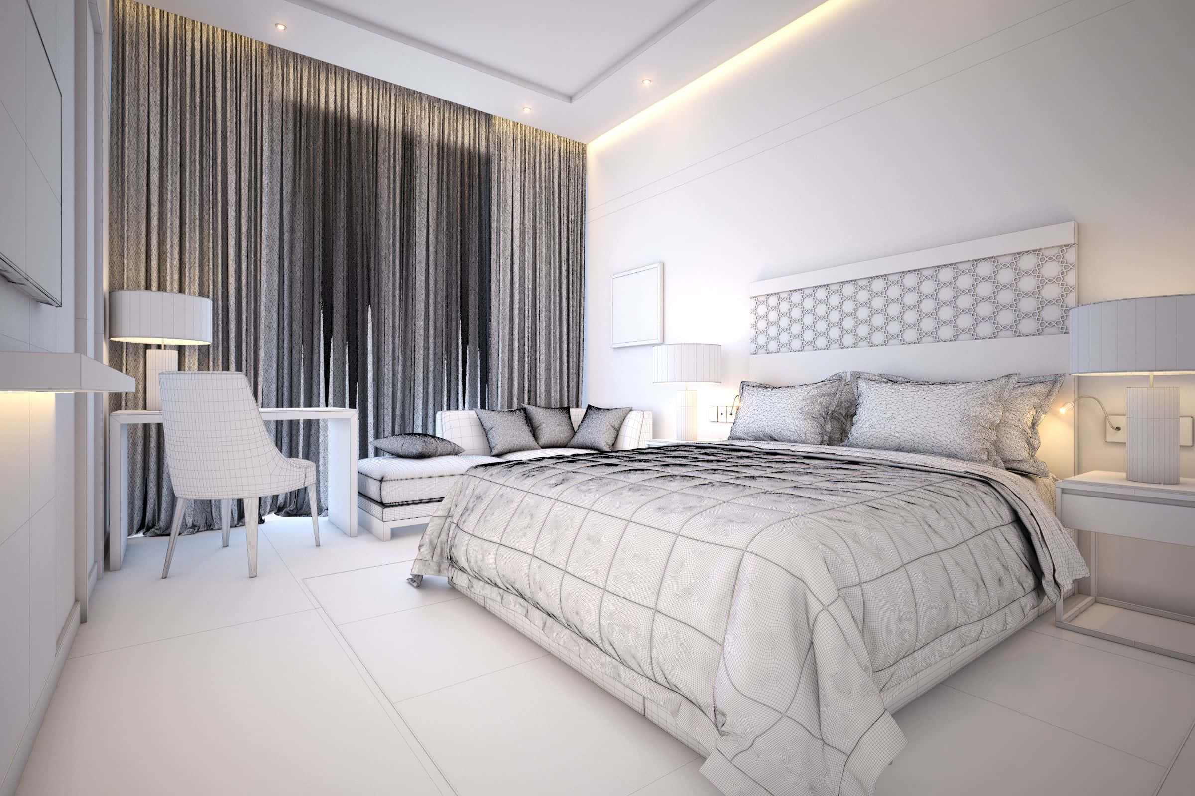 Hotel Room 桌布 壁紙 — 一個現代簡約風格的臥室，配有白色家具、灰色窗簾和柔和環境照明，營造出寧靜而奢華的氛圍。
