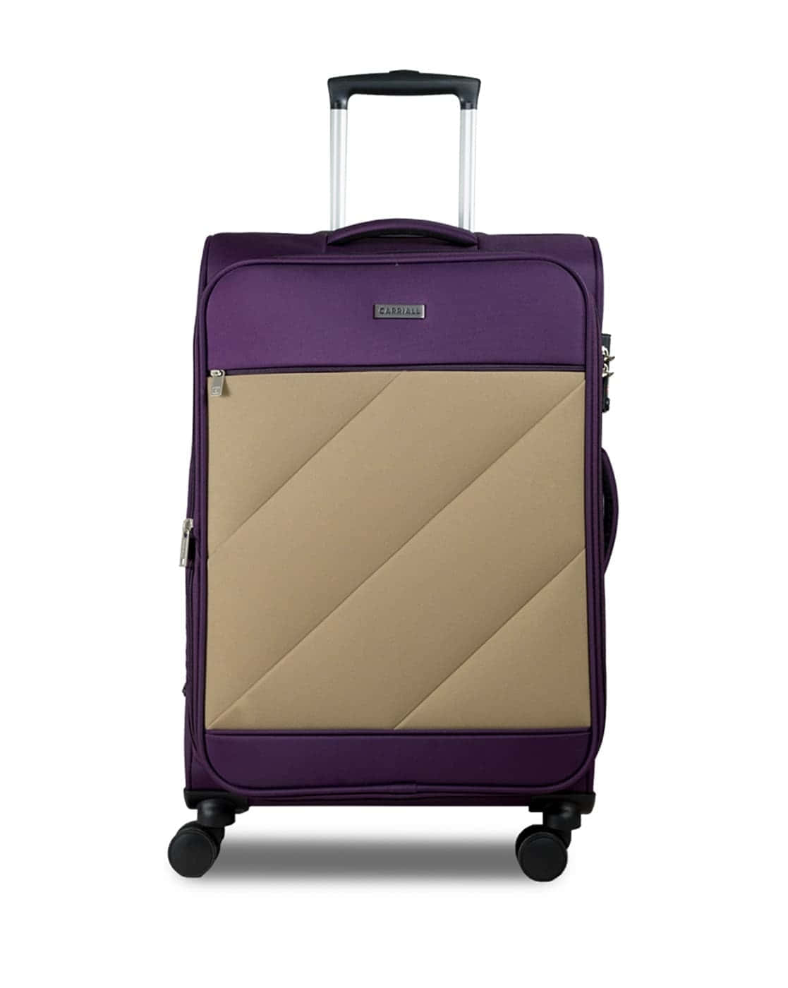 Purple Luggage 桌布 壁紙 — 一個現代紫色和米色的滾輪行李箱，帶有伸縮手柄和四個輪子，立在潔白的背景前。