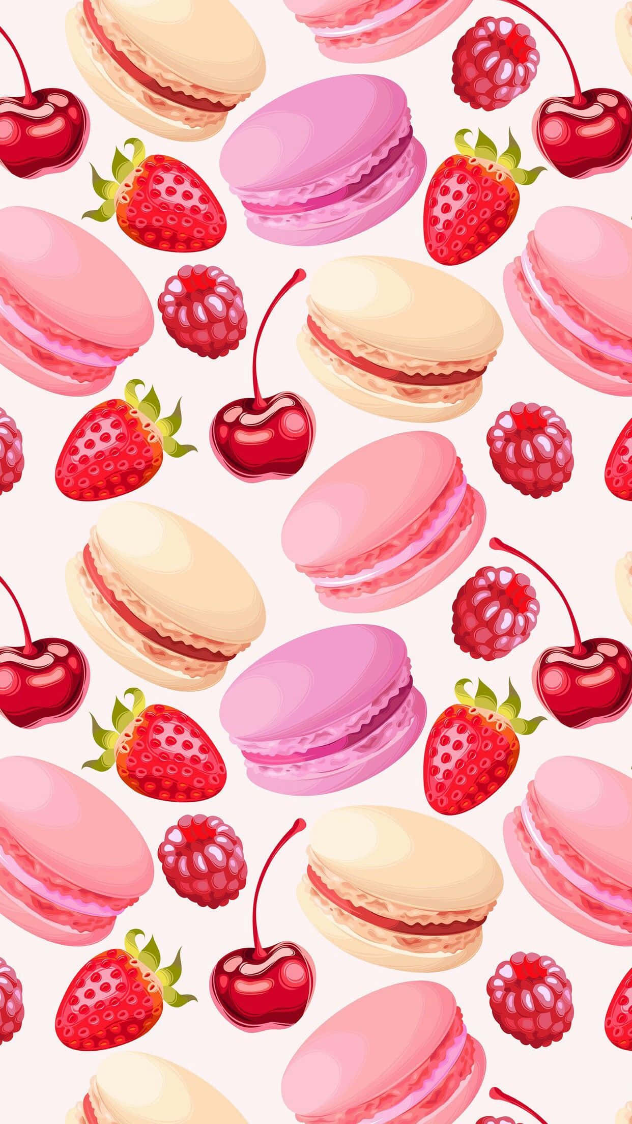 Kawaii Fruit 桌布 壁紙 — 一個甜美的圖案，由粉紅色馬卡龍、草莓、車厘子和紅桑子以俏皮的重複設計排列而成。