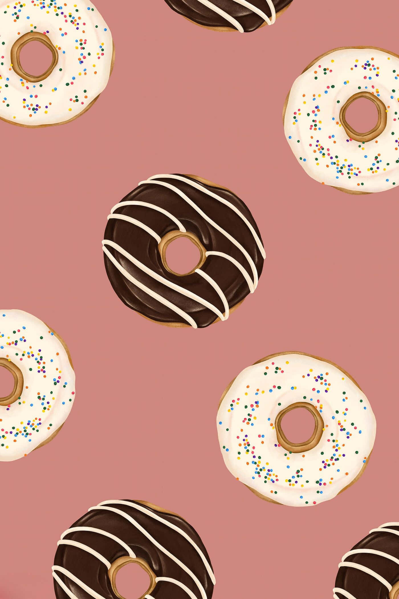 Cute Donut 桌布 壁紙 — 一個甜美的朱古力和雲呢拿冬甩圖案，配上色彩繽紛的糖針，在柔和的粉紅色背景上漂浮。