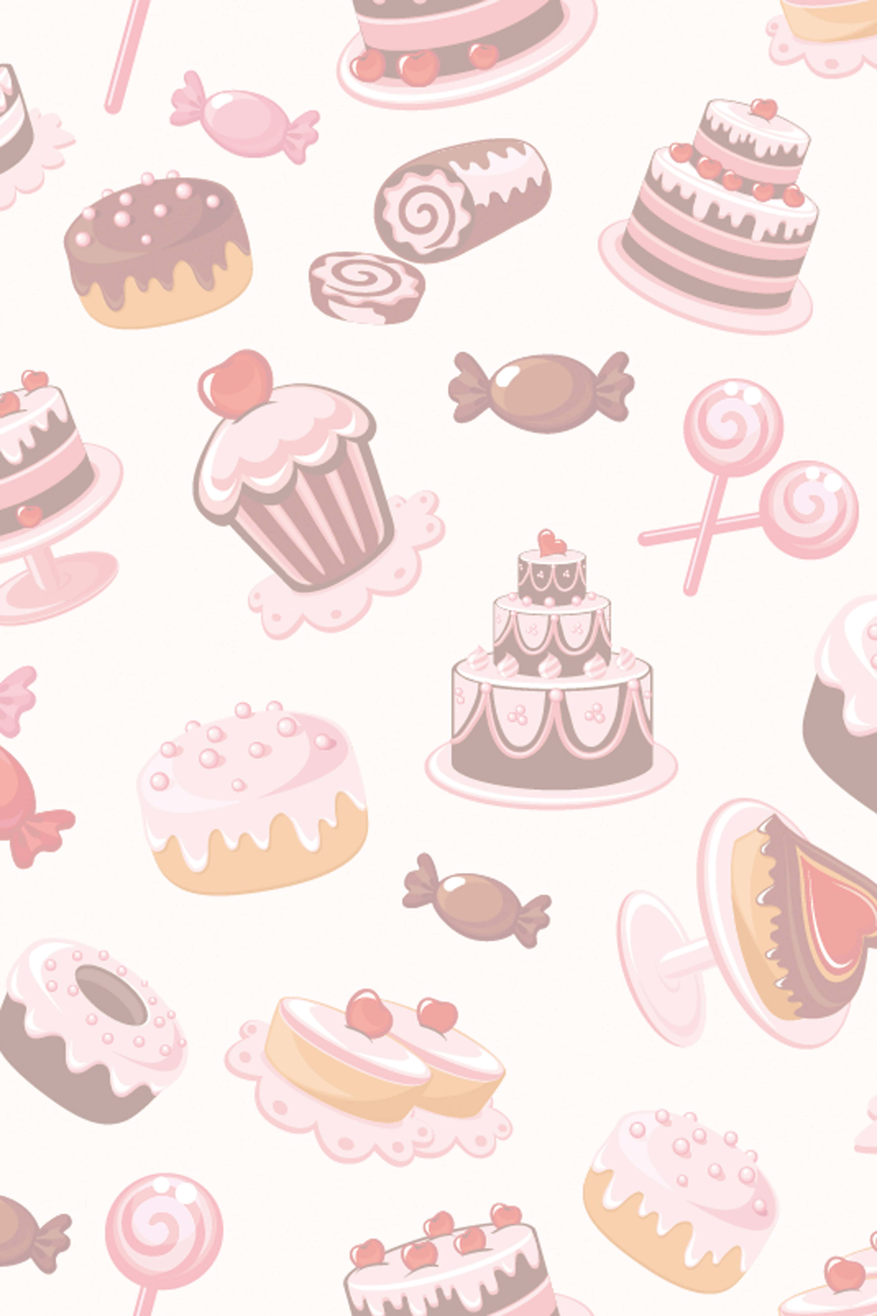 Cute Dessert 桌布 壁紙 — 一個甜美的粉彩圖案，蛋糕、杯子蛋糕和糖果散落在淺色背景上。