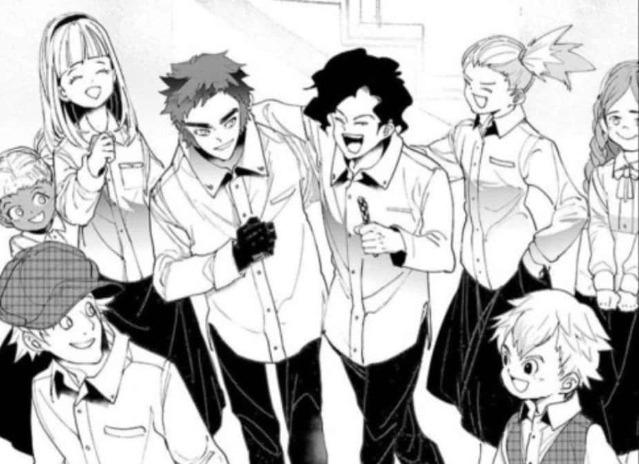 The Promised Neverland Lucas 桌布 壁紙 — 一個生動的黑白漫畫面板顯示一群開心的動漫角色在學校環境中一起大笑和擺姿勢。