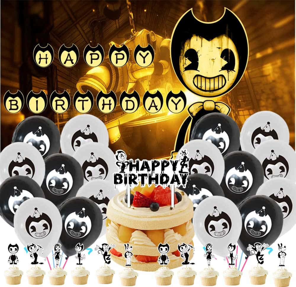 bendy and the ink machine 桌布 壁紙 — 一個生日派對佈置，以 Bendy 角色氣球、紙杯蛋糕和蛋糕，搭配金色工業背景。