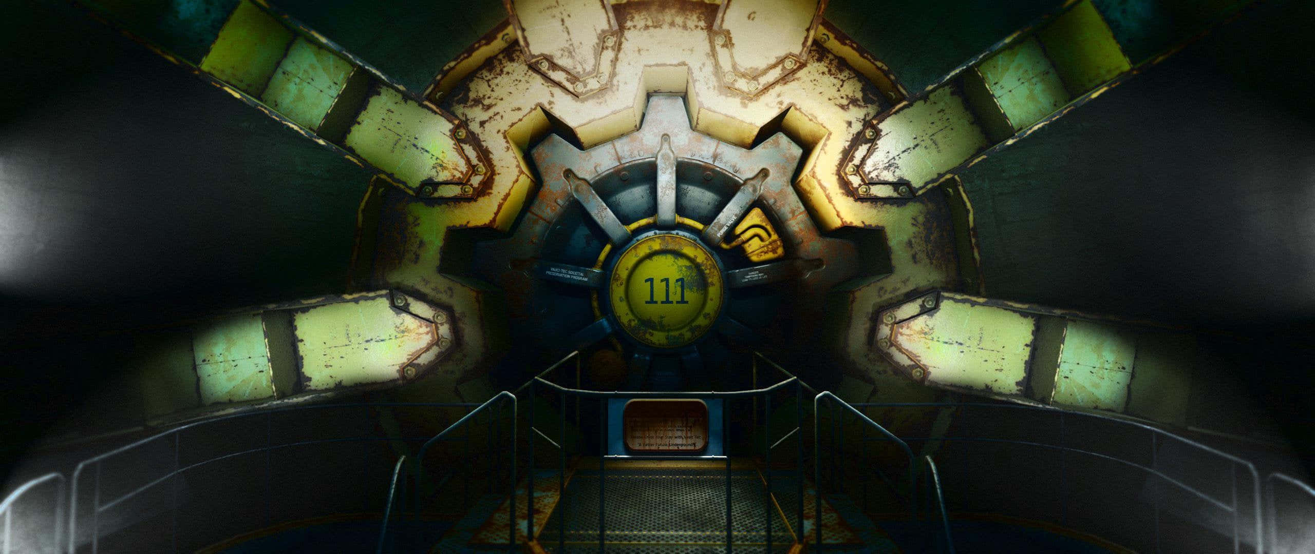 Fallout 4 Vault 桌布 壁紙 — 一個生鏽的工業控制室，中央有一個標有111的齒輪機構，被綠色燈光照亮。