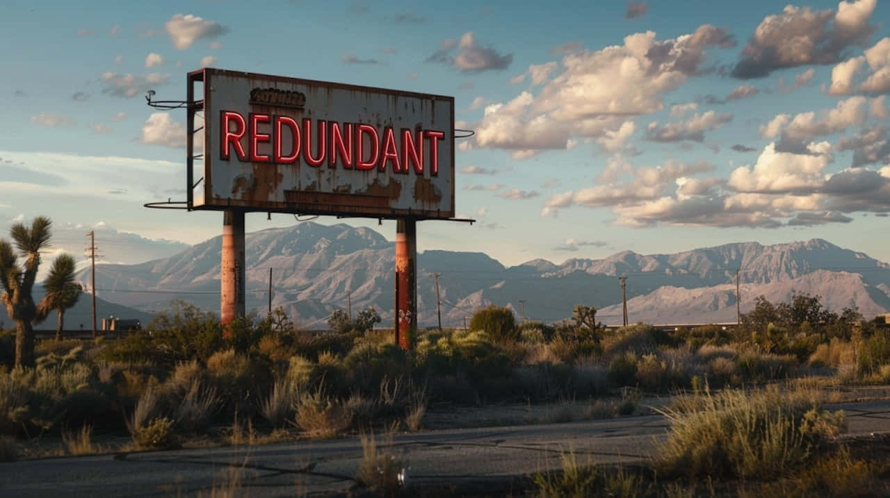 Redundant 桌布 壁紙 — 一個生鏽的廣告牌，帶有發光的紅色「REDUNDANT」文字，矗立在雲層天空下、有山脈的沙漠荒地中。