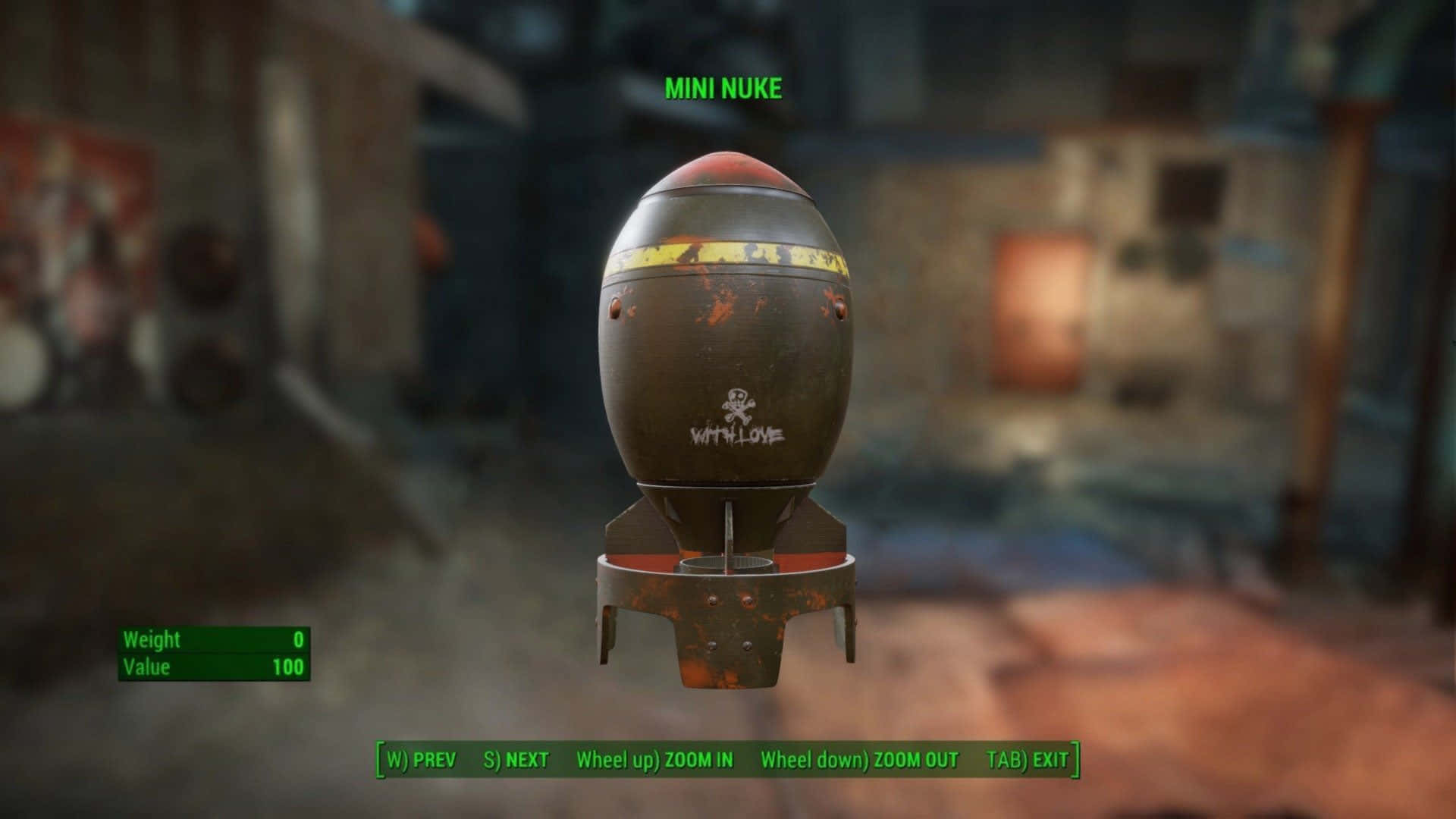Fallout Nuke 桌布 壁紙 — 一個生鏽的迷你核彈，上面有「with love」塗鴉，漂浮在骯髒的末日後遊戲介面中。