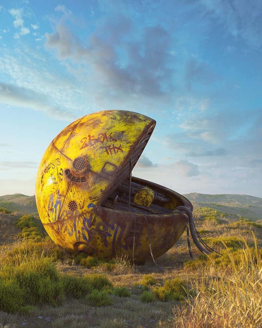 Gaming Art 桌布 壁紙 — 一個生鏽的黃色 Pac-Man 頭盔打開放在陽光明媚的草地上，藍天白雲。