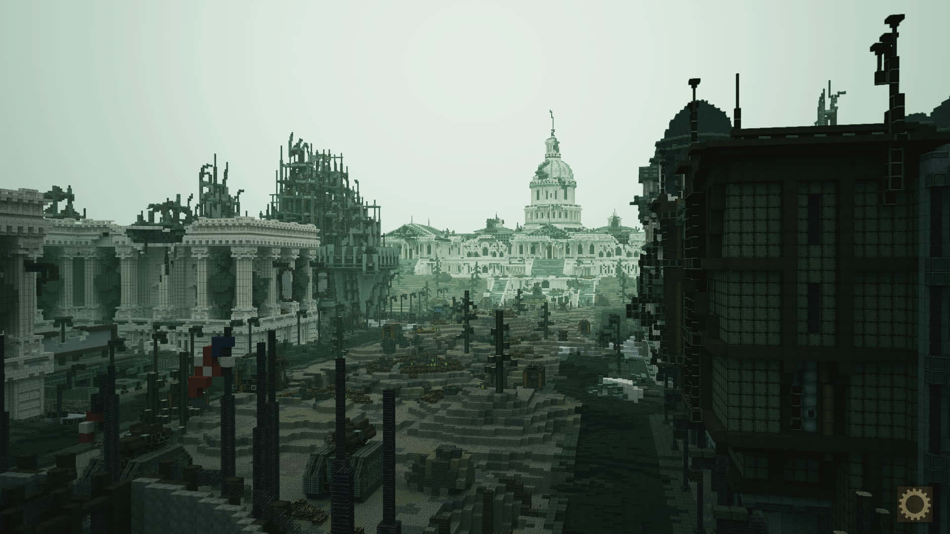 Fallout 4 The Capital Wasteland 桌布 壁紙 — 一個用LEGO積木建造的荒涼城市景觀，遠處有國會大廈，天空灰濛濛。