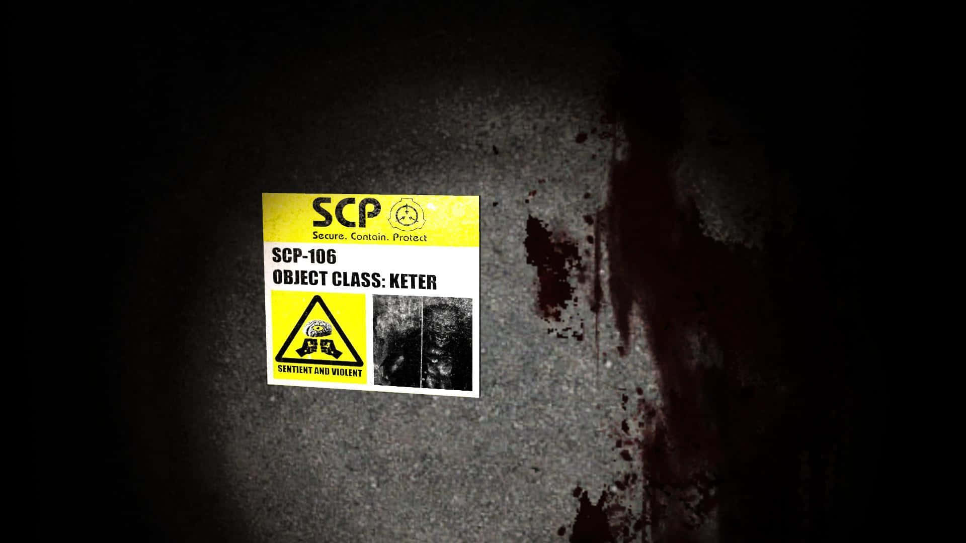 Scp 桌布 壁紙 — 一個用於SCP-106的黃色SCP基金會警告標籤在聚光燈下發光，背景是沾滿血跡的深色混凝土牆。