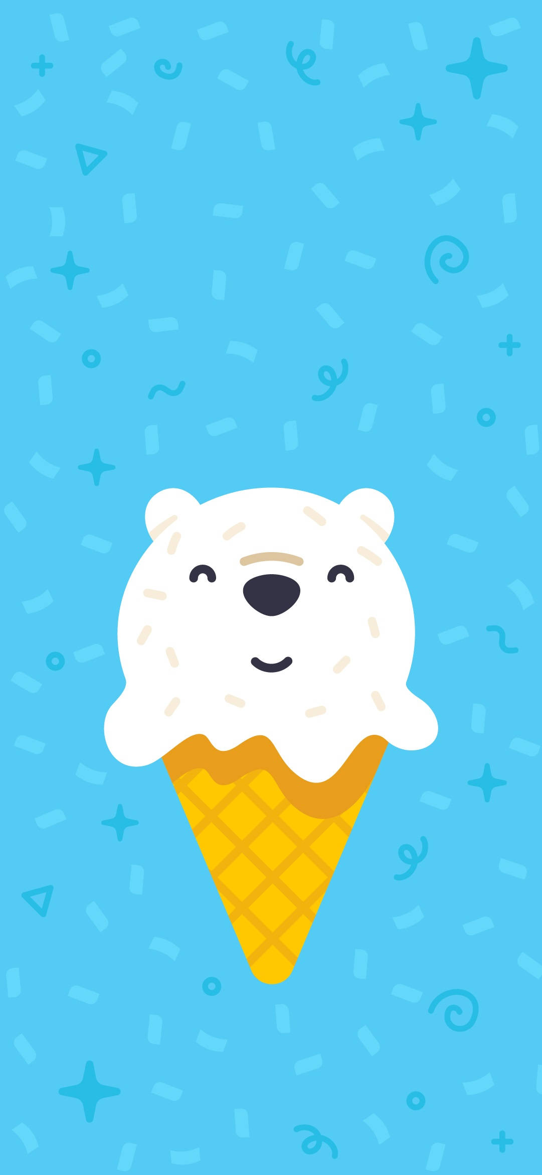 Ice Cream 桌布 壁紙 — 一個用雲呢拿雪糕製成的可愛北極熊臉，坐在窩夫筒裡，背景是淺藍色，上面有俏皮的塗鴉。