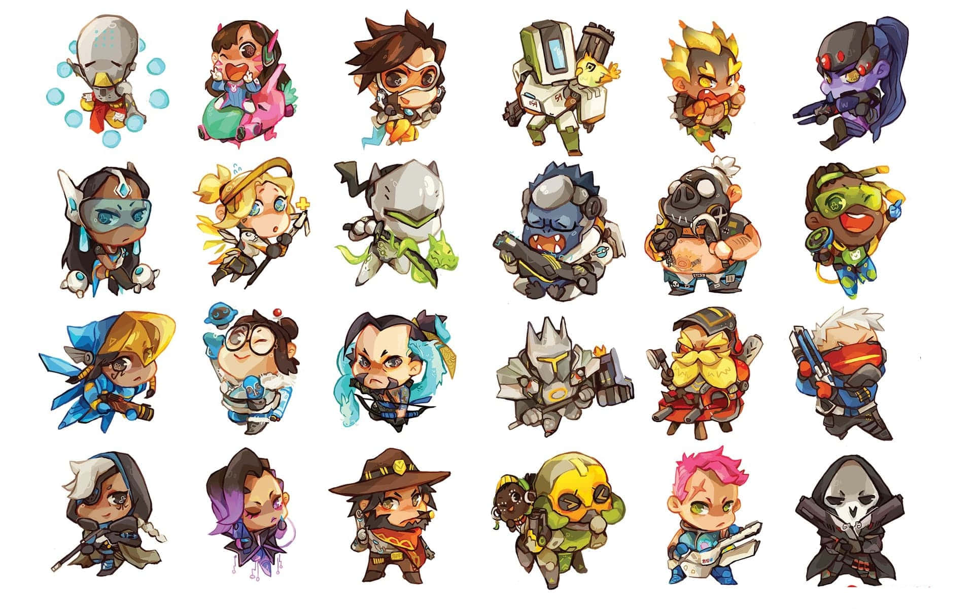 Overwatch Roadhog 桌布 壁紙 — 一個由20個Q版風格嘅Overwatch角色組成嘅網格，以色彩繽紛、風格化嘅姿勢呈現喺純白色背景上。