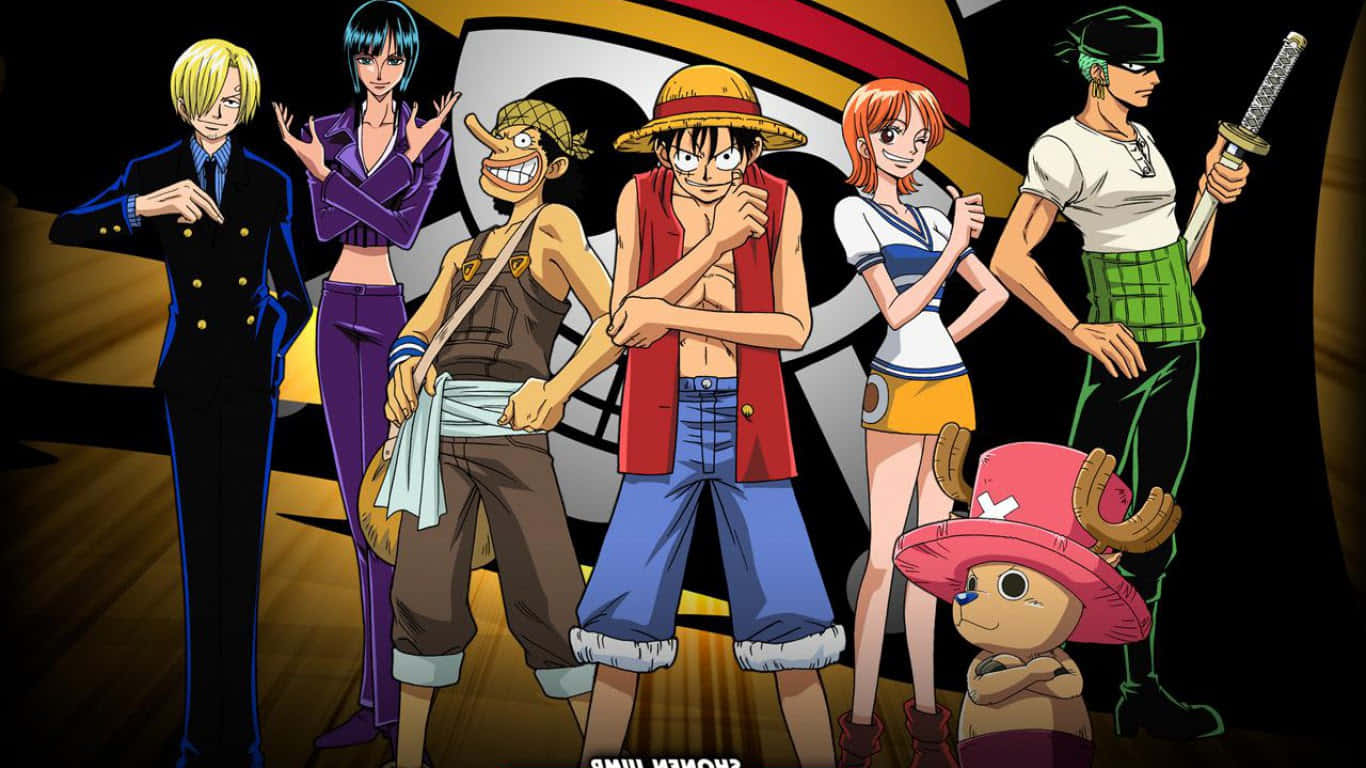 Alabasta 桌布 壁紙 — 一個由七名海盜和一個小生物組成的充滿活力的動漫團體，在醒目的條紋背景下自信地擺姿勢。