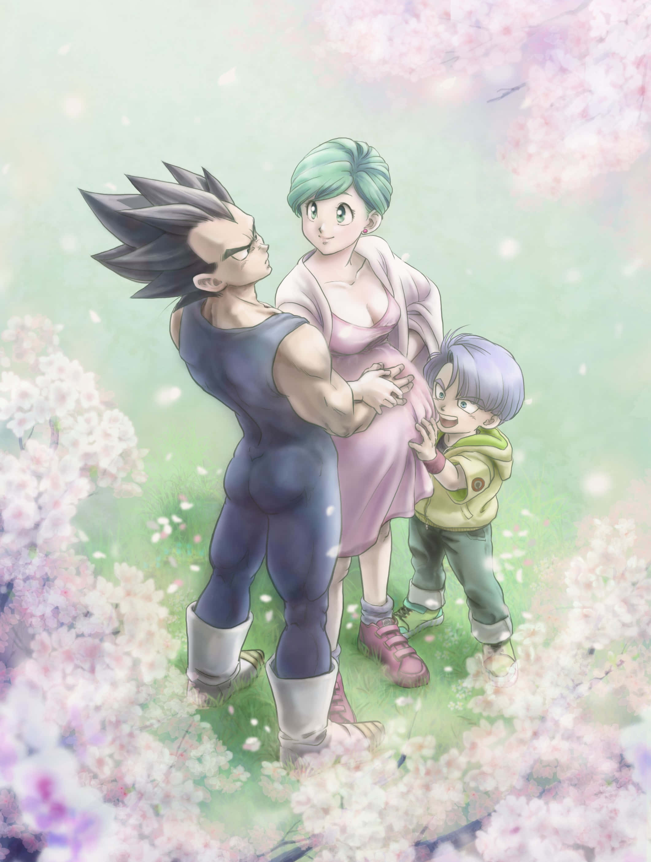 Vegeta's Family 桌布 壁紙 — 一個由三個動漫角色組成的家庭站在柔和的粉彩天空下，飄落的櫻花之中。