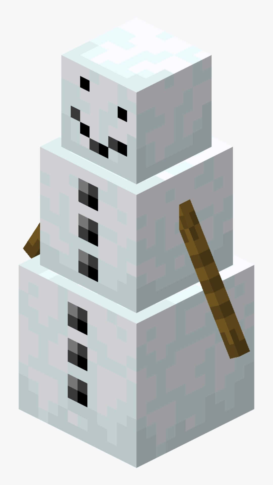 Minecraft Snow Golem 桌布 壁紙 — 一個由三個方塊堆疊而成的像素雪人，有黑色點狀眼睛和嘴巴，以及木棍手臂，背景為純色。