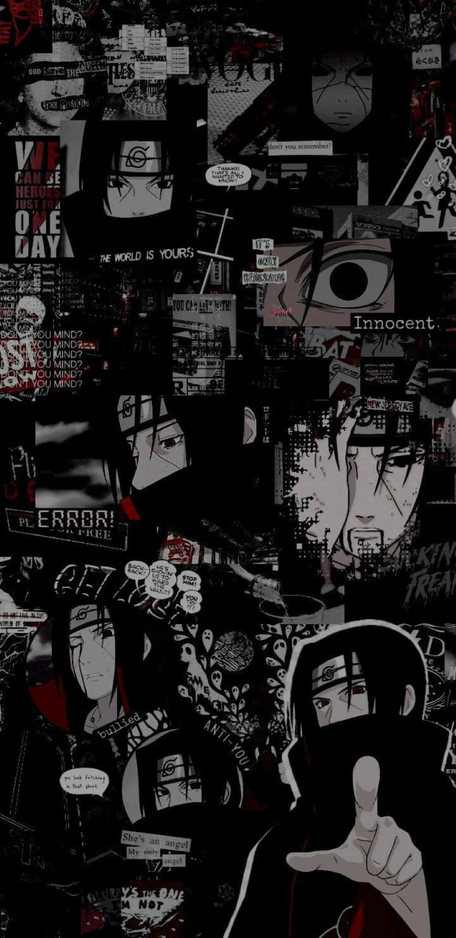 Akatsuki Poster 桌布 壁紙 — 一個由動漫角色和漫畫面板組成的深色拼貼畫，帶有粗體文字和圖形元素。