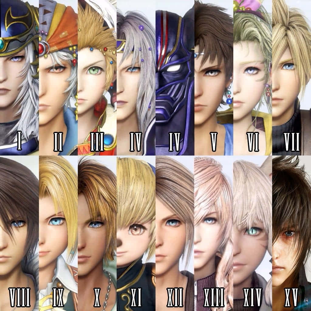 Final Fantasy Characters 桌布 壁紙 — 一個由十五個不同動漫風格角色肖像組成的網格，每個標有從 I 到 XV 的羅馬數字。