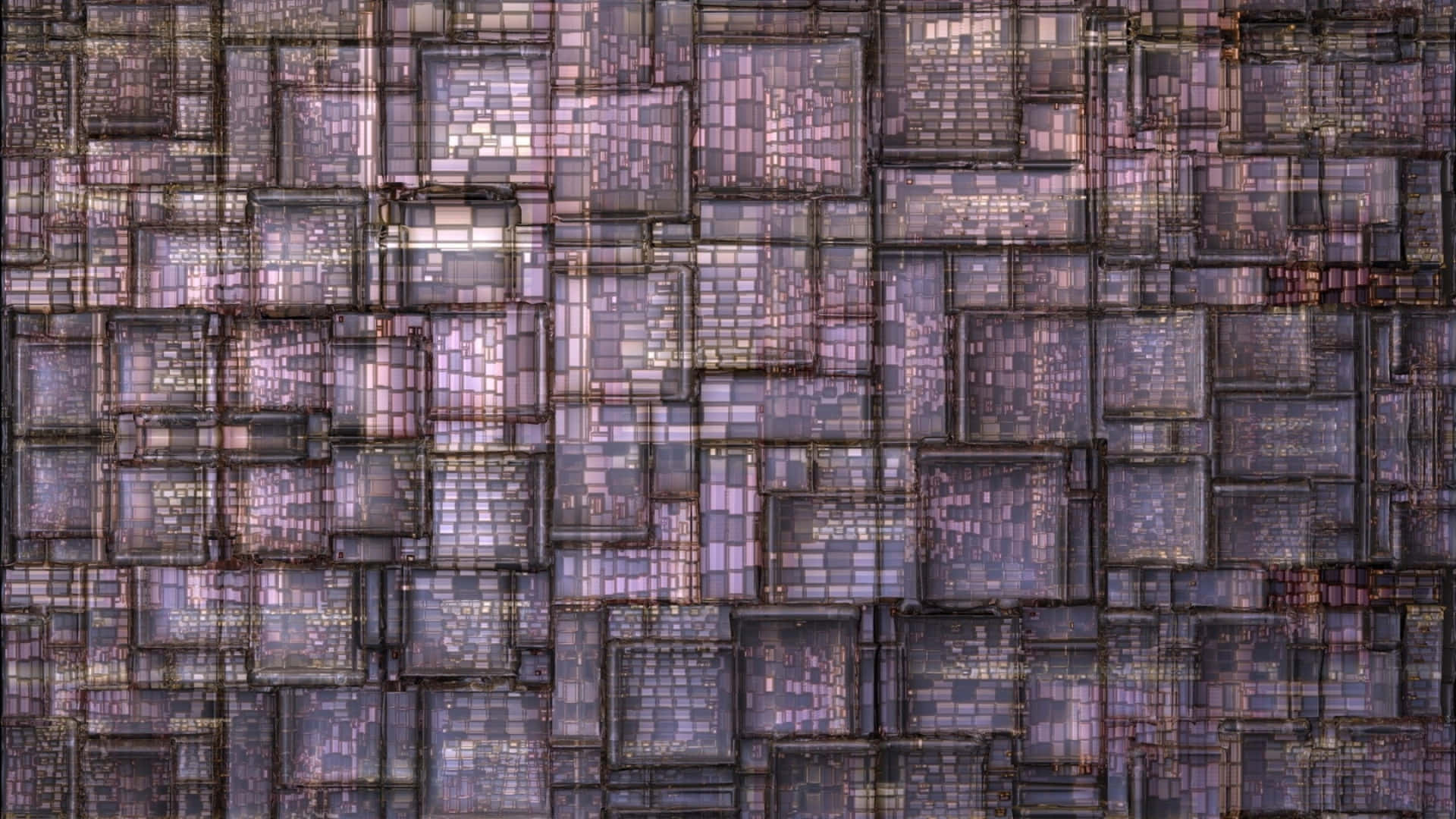 grid 桌布 壁紙 — 一個由半透明紫色和灰色方塊交錯組成的數碼抽象圖案，帶有發光的內部細節。