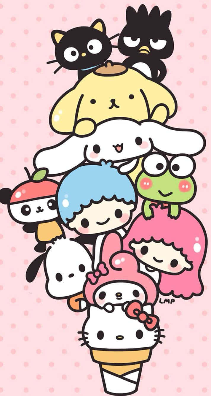 Kawaii Hello Kitty 桌布 壁紙 — 一個由可愛Sanrio角色堆疊而成的塔，背景為粉紅色圓點圖案。