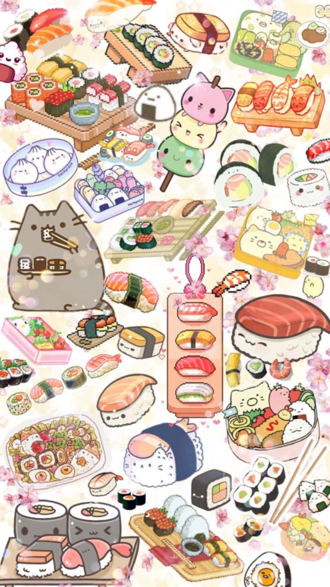 Kawaii Japanese Food 桌布 壁紙 — 一個由可愛壽司角色和菜餚組成的異想天開拼貼畫，配有櫻花和可愛動物臉。