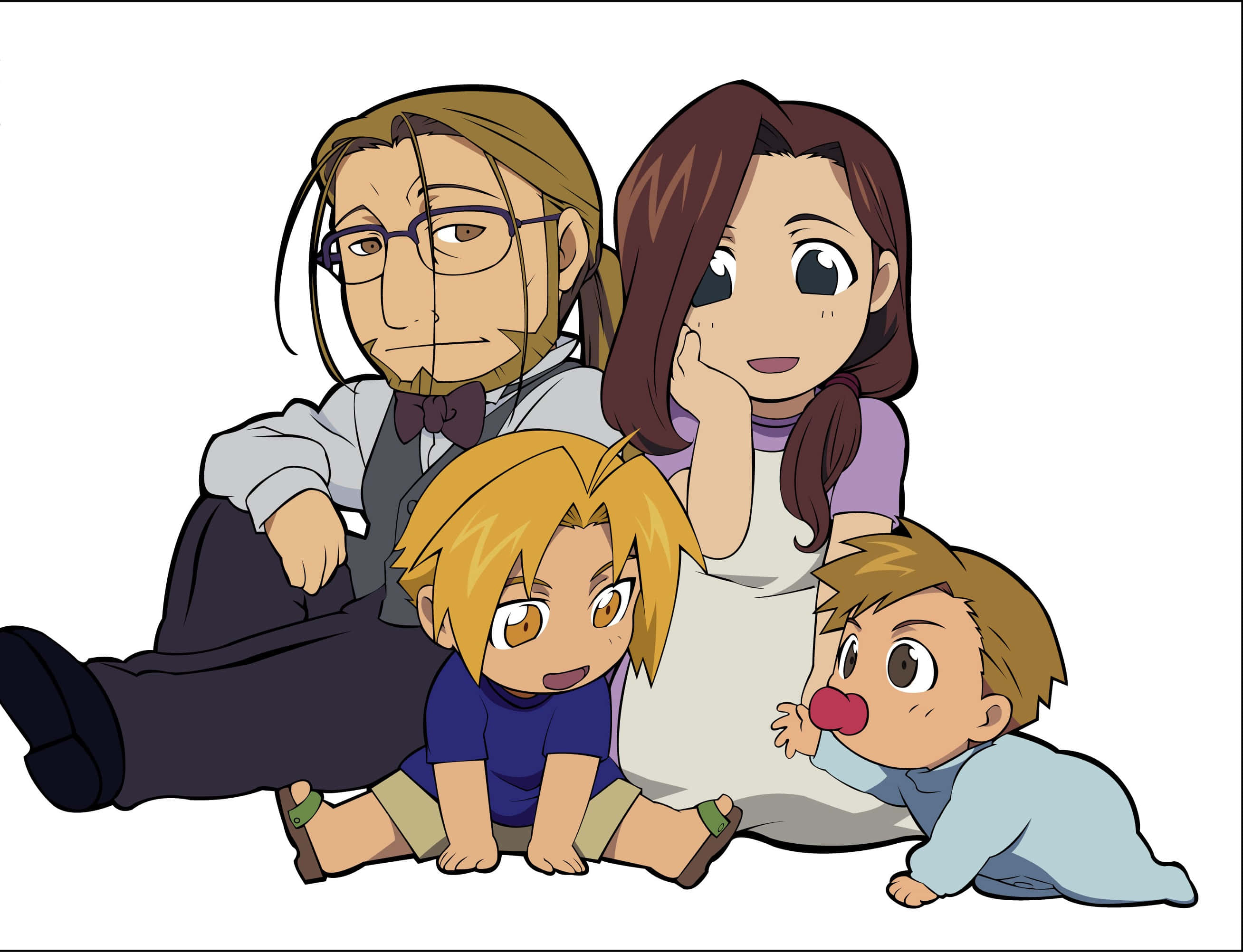 Van Hohenheim 桌布 壁紙 — 一個由四人組成的開朗動畫家庭，以富有表現力的眼睛和俏皮的姿勢在純白色背景前一起擺姿勢。