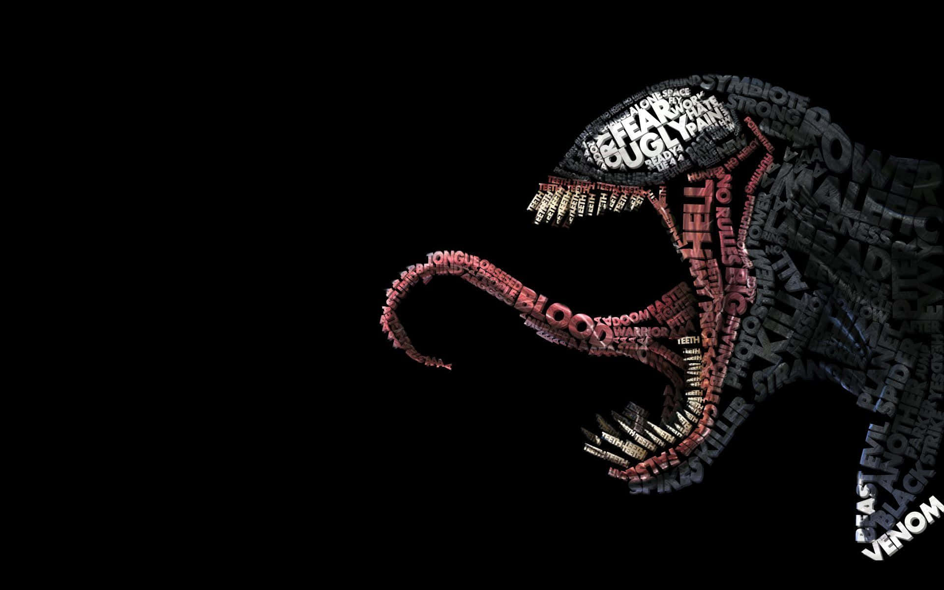 Scary Venom 桌布 壁紙 — 一個由大膽紅色和黑色文字（如「恐懼」、「鮮血」和「地獄」）組成的威脅性毒魔剪影，映襯在純黑背景上。