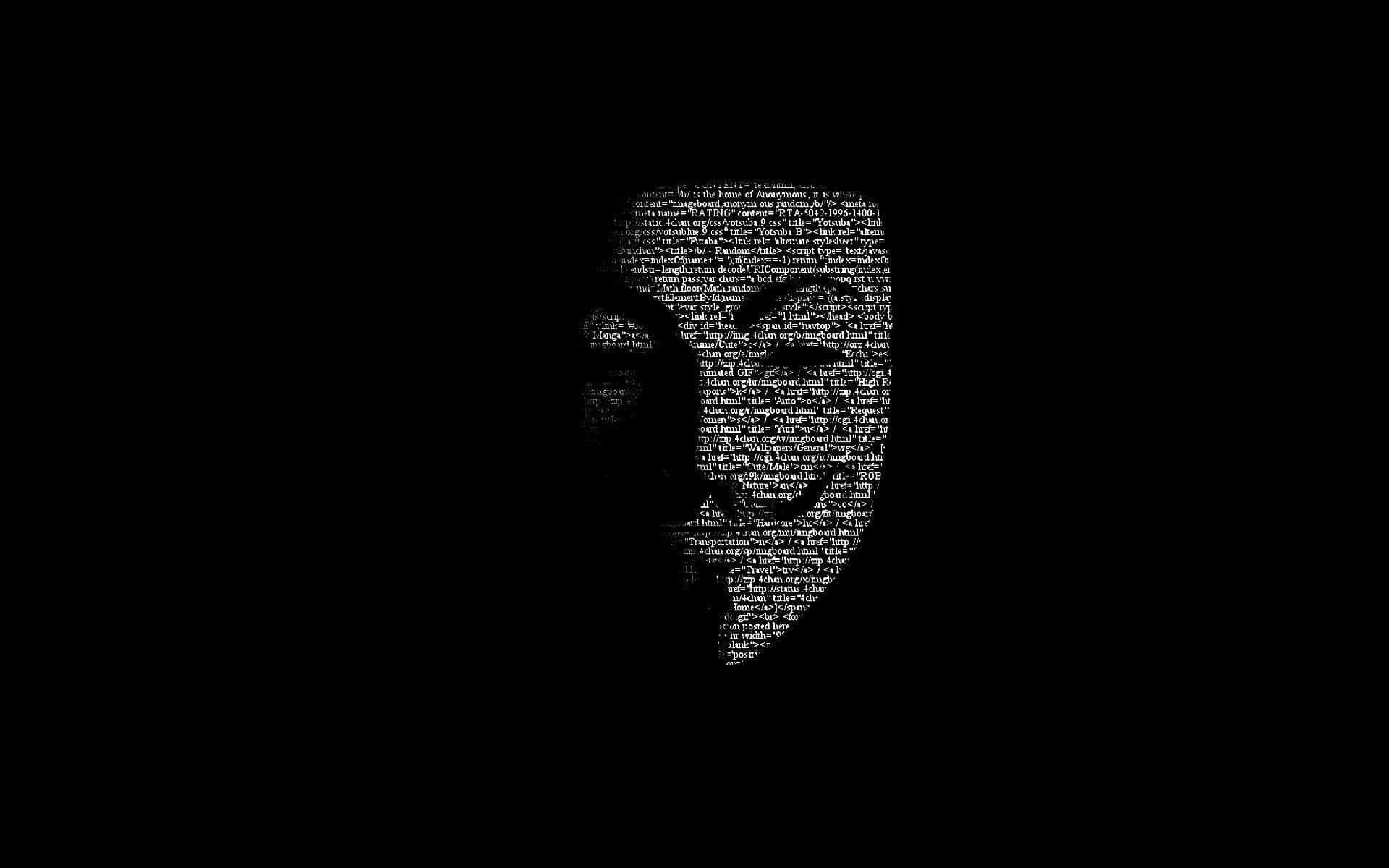 Anonymous 桌布 壁紙 — 一個由密集白色文字在黑色背景上形成的微笑男子單色肖像。
