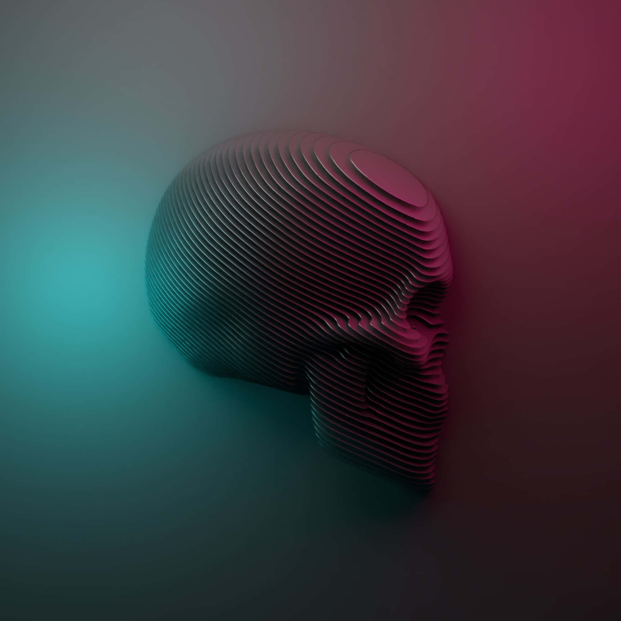 3d Skull 桌布 壁紙 — 一個由層疊同心圓環組成的風格化頭骨，沐浴在漸變青色和洋紅色光線中，背景為深色。