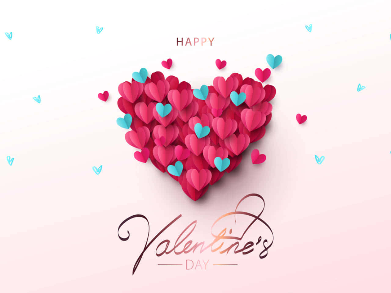Happy Valentines Day 桌布 壁紙 — 一個由層疊的紅色和藍色心形組成的3D紙心心形雕塑，帶有散落的心形和「Happy Valentine's Day」文字，背景為柔和的粉紅色漸變。