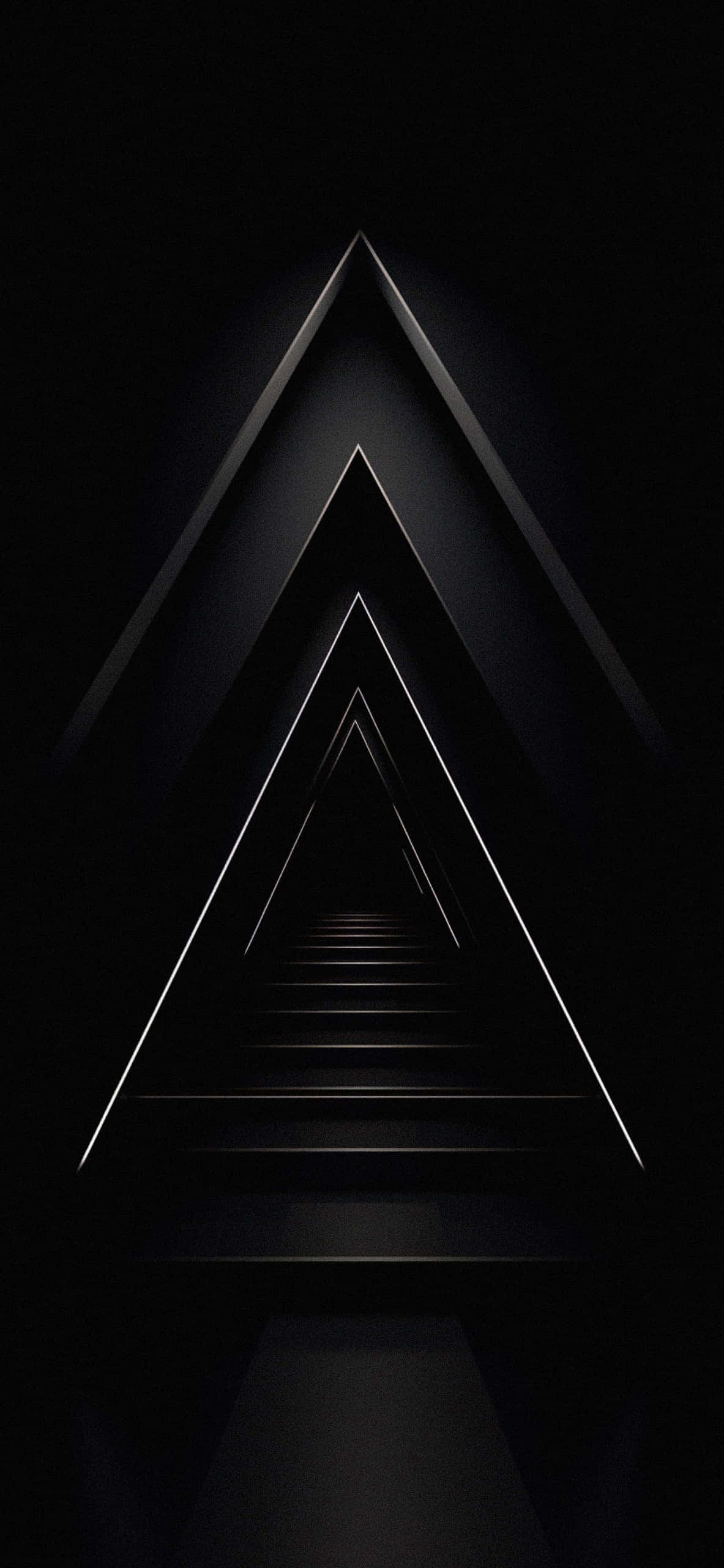 Minimalist Monochrome 桌布 壁紙 — 一個由嵌套三角形組成的極簡黑白幾何隧道，邊緣發光，逐漸消失在黑暗中。
