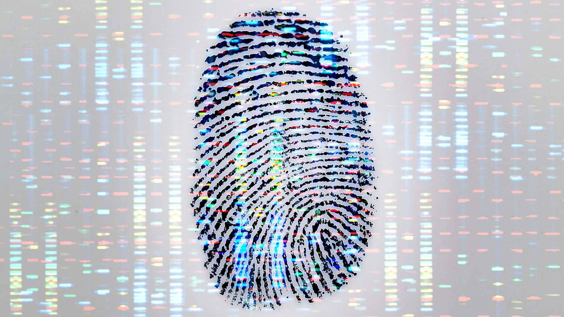 Fingerprint 桌布 壁紙 — 一個由彩色數碼數據流組成的生動指紋，背景是發光的科技背景。