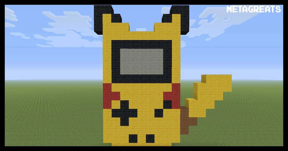Minecraft Art 桌布 壁紙 — 一個由方塊組成的像素化比卡超站在草地上，藍天白雲。