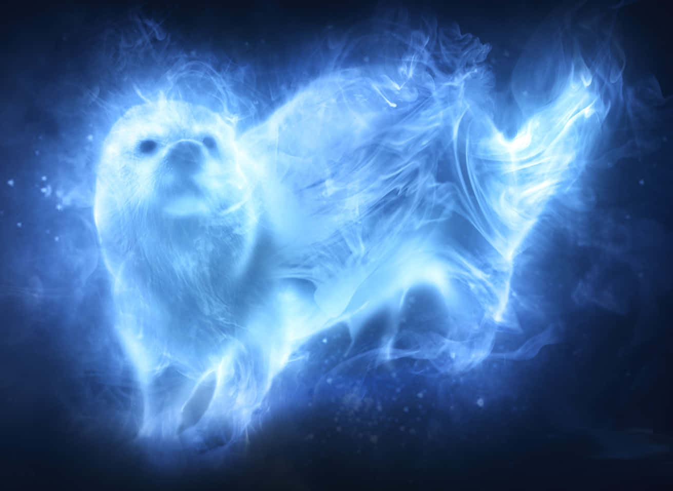 Patronus 桌布 壁紙 — 一個由旋轉能量組成的幽靈般的藍色發光印章，漂浮在黑暗的宇宙背景上。