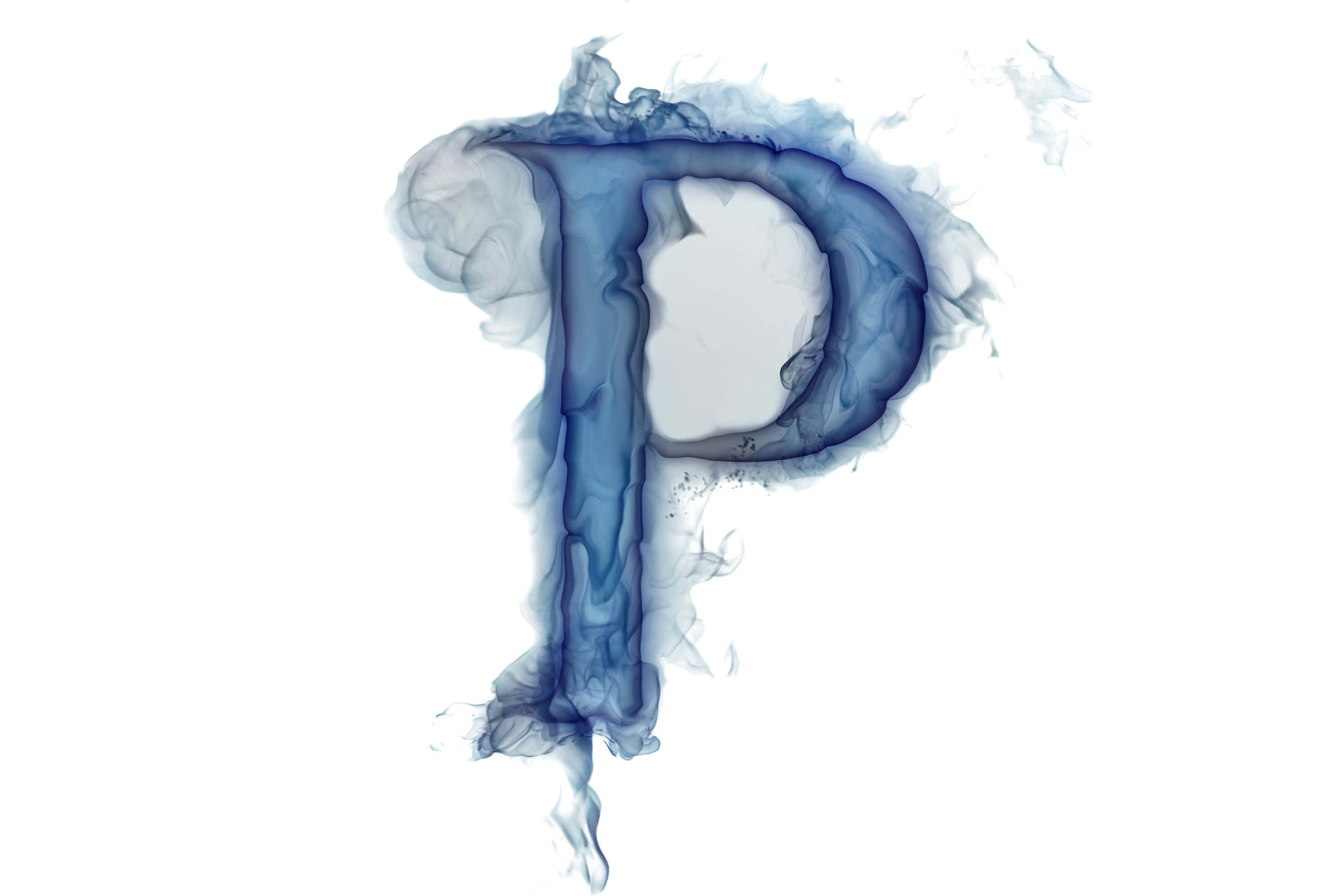 p 桌布 壁紙 — 一個由旋轉藍色煙霧形成的風格化字母 P，背景為純白色。