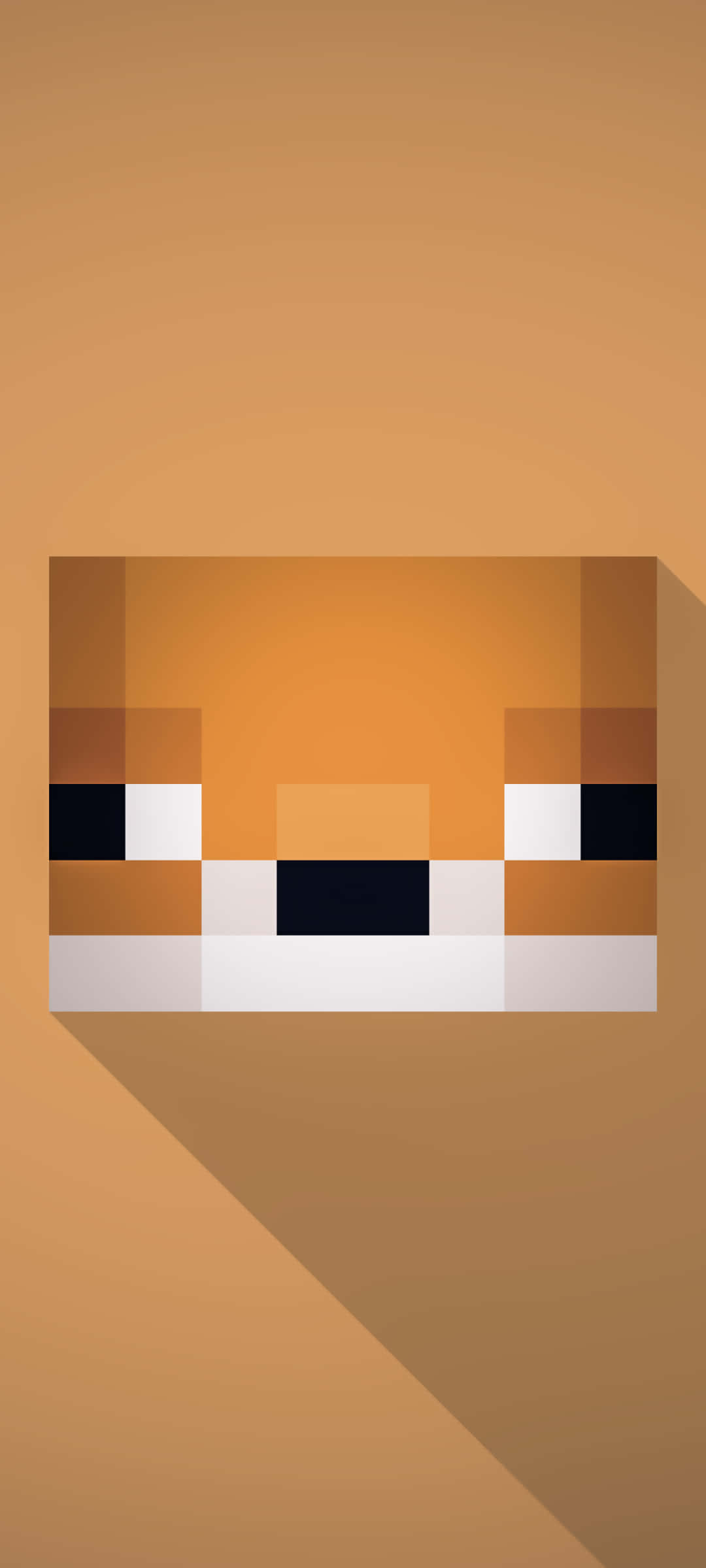 Minecraft Phone 桌布 壁紙 — 一個由橙色和白色方塊組成的像素化狐狸臉，在溫暖的棕色漸變背景上投下長長的陰影。