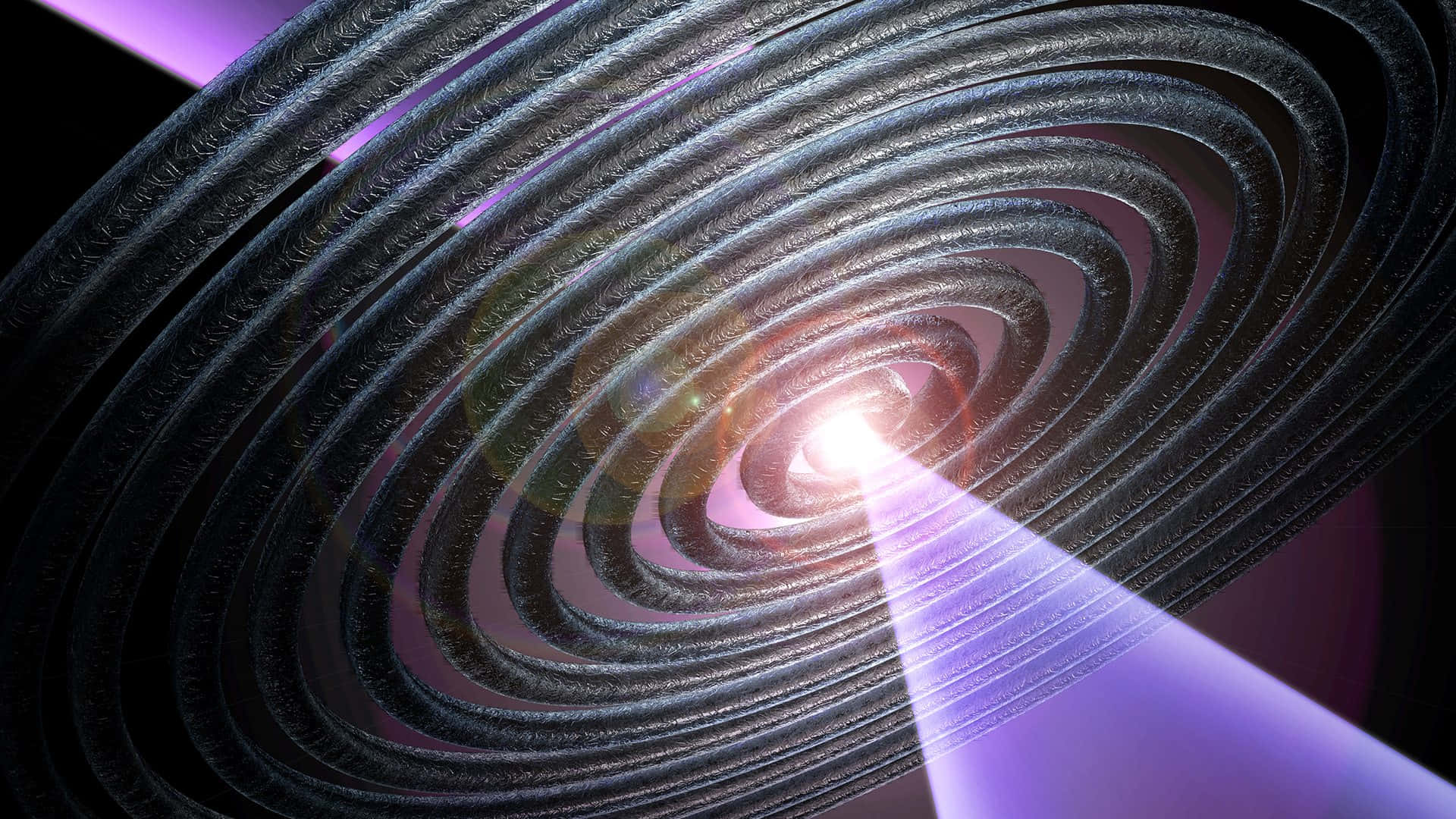 Gravitational Waves 桌布 壁紙 — 一個由深色紋理環組成的迷人螺旋，向著帶有紫色光束的耀眼發光核心匯聚。