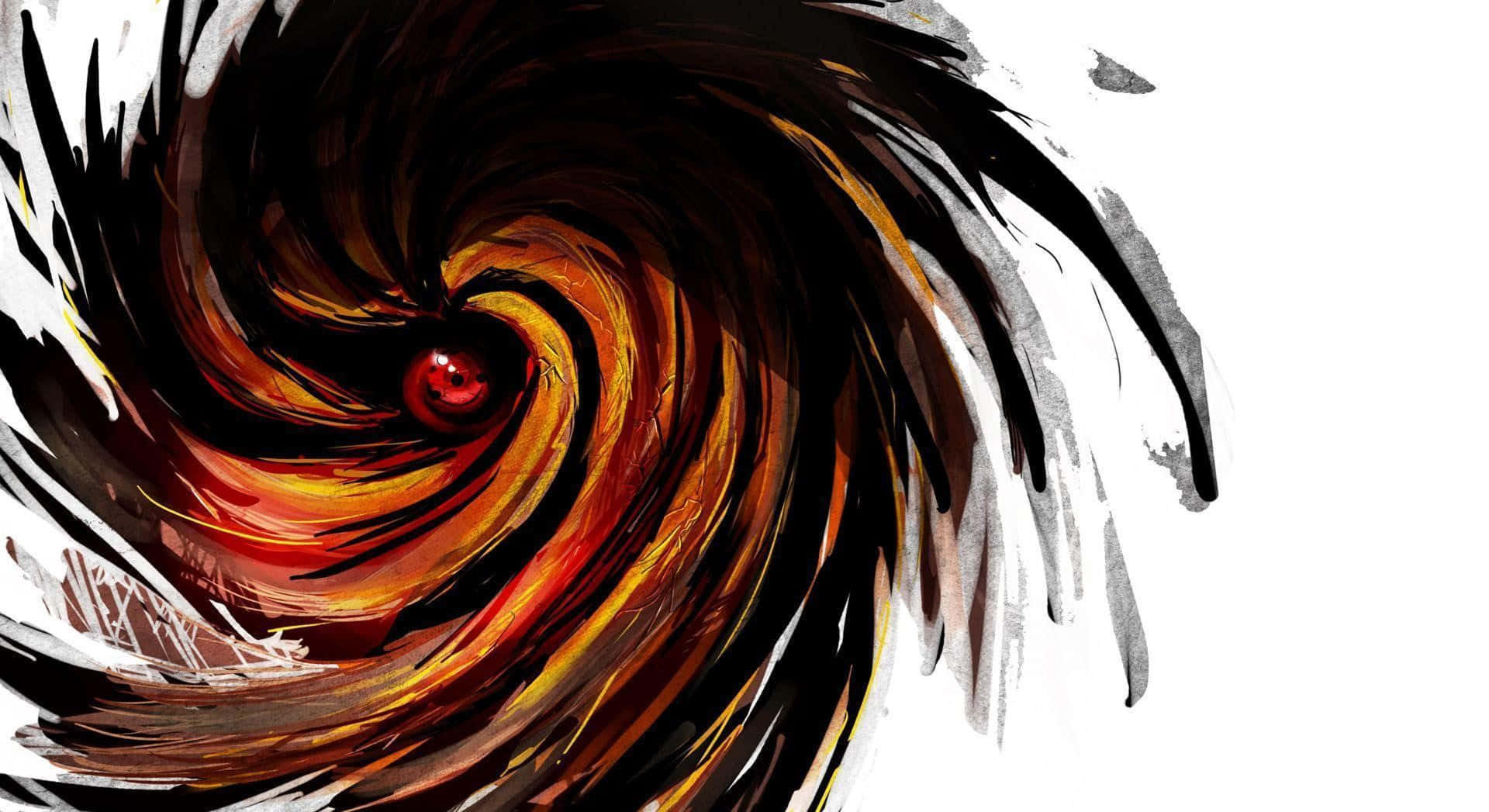 Akatsuki Tobi 桌布 壁紙 — 一個由火橙色和黑色墨水組成的旋轉漩渦，中心有一個發光的紅色眼睛，背景是純白色。