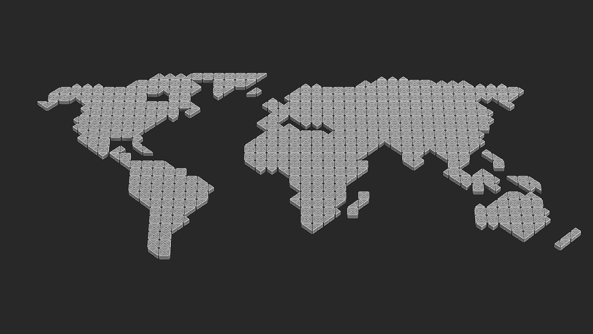 3d Map 桌布 壁紙 — 一個由灰色六邊形瓷磚組成的風格化世界地圖，背景為深色。