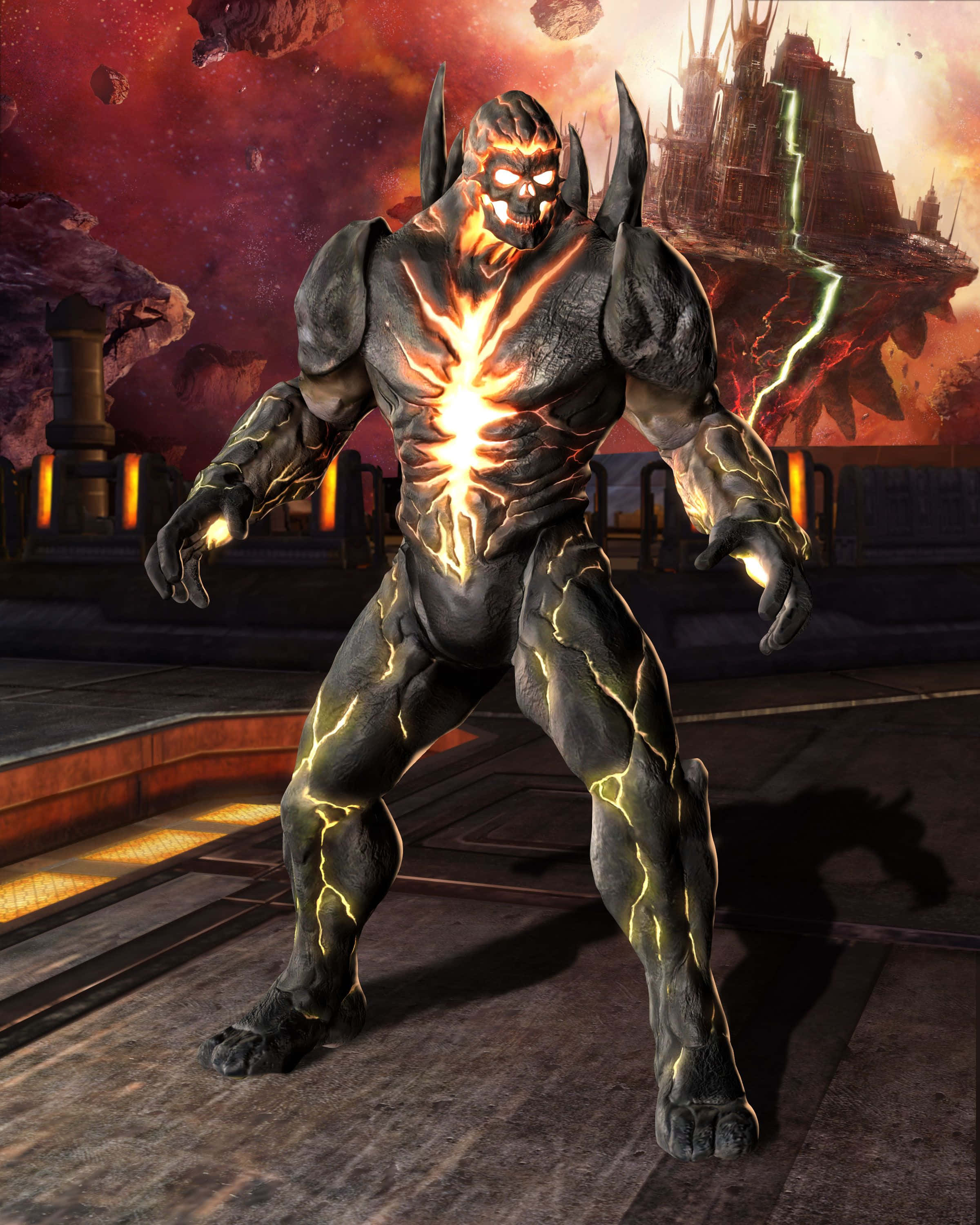 Mortal Kombat Vs Dc Universe 桌布 壁紙 — 一個由熔岩驅動、眼睛發光、能量噼啪作響的威脅性惡魔，站在一個平台上面對一座漂浮堡壘，背景是熾熱的外星景觀。
