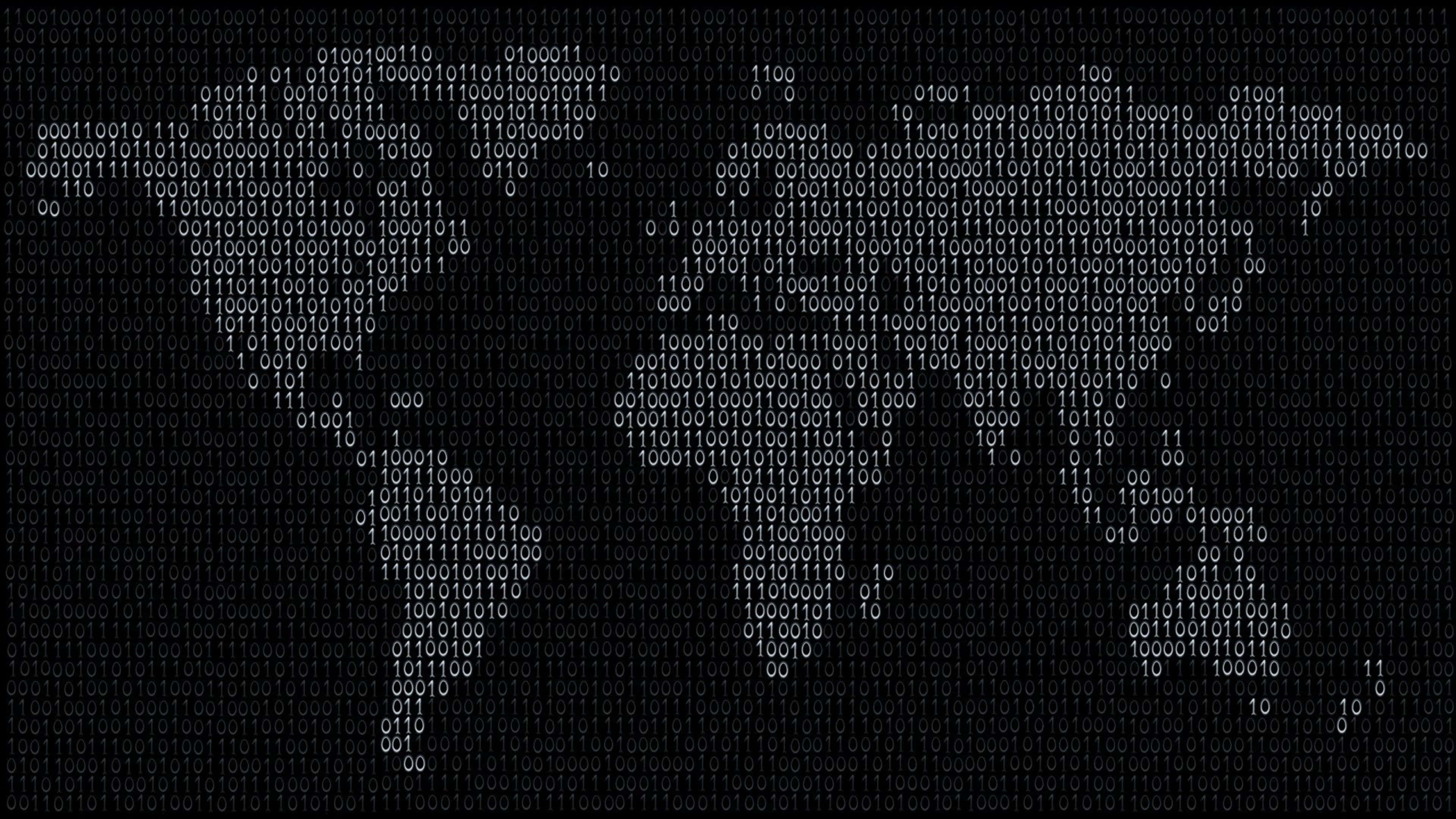 4K Programming 桌布 壁紙 — 一個由發光二進制代碼在黑暗背景上形成的世界地圖輪廓。