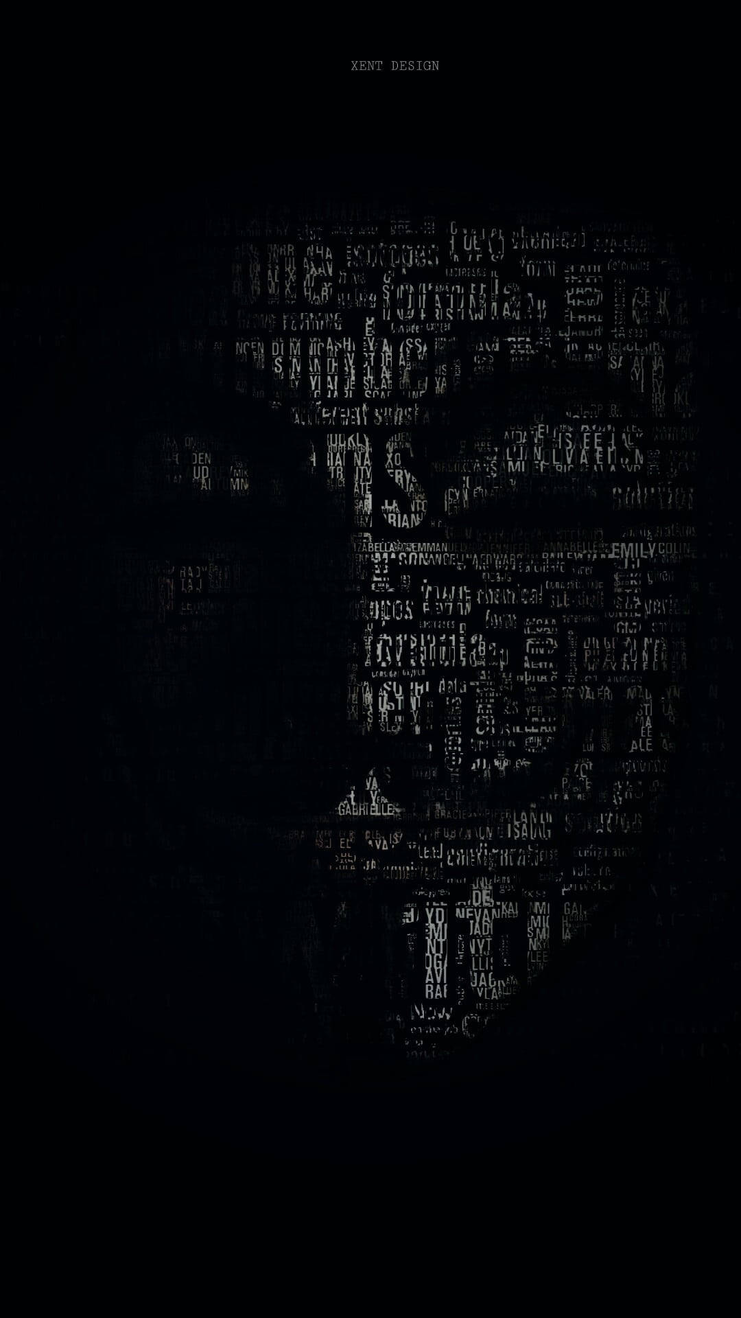 Hacking 桌布 壁紙 — 一個由發光白色文字在黑色背景上形成的人臉極簡數位藝術肖像。