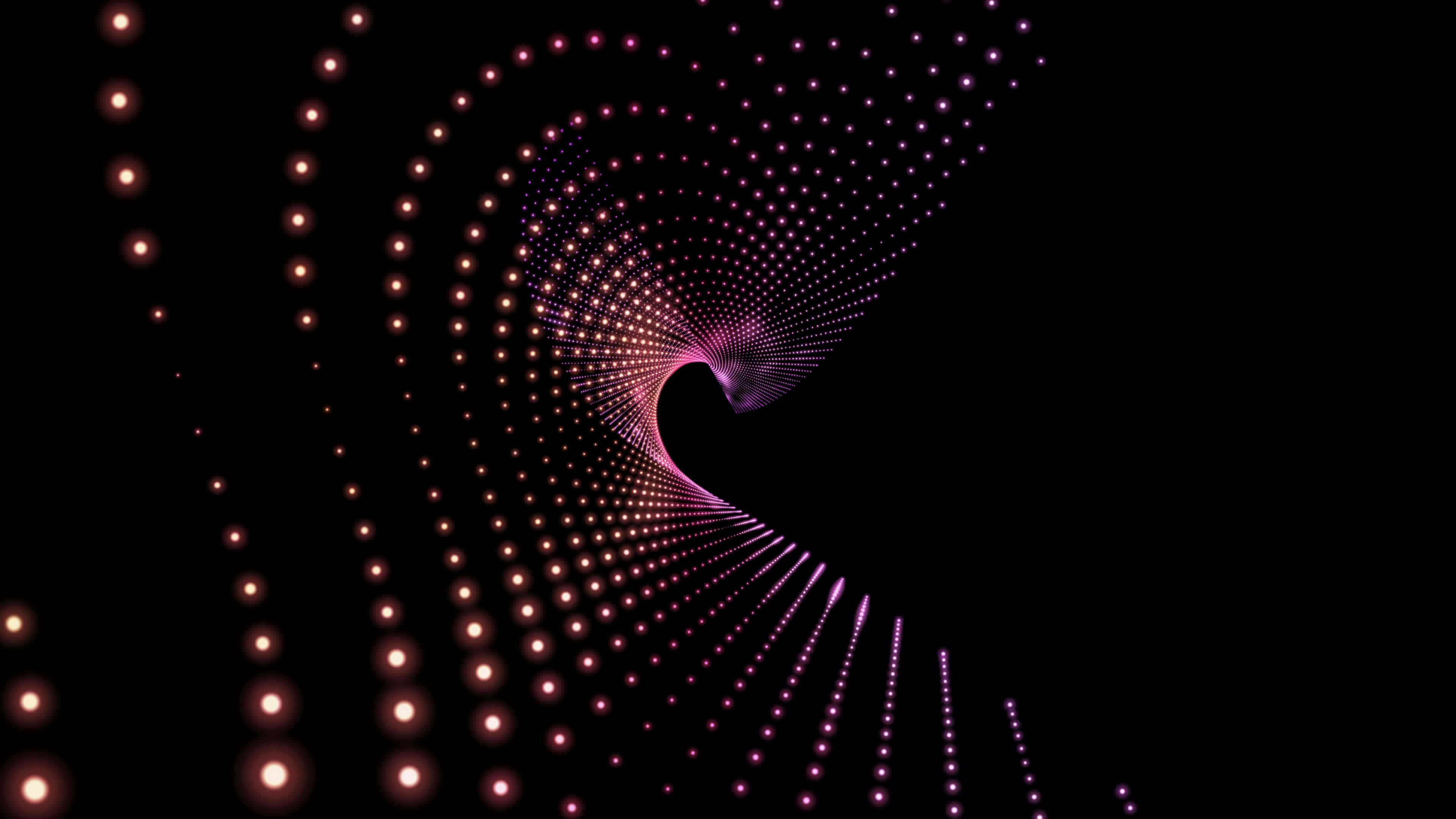 3d Technology 桌布 壁紙 — 一個由發光粉紅色和橙色點組成的迷人螺旋隧道，消失在黑暗中，形成催眠般的數位漩渦。